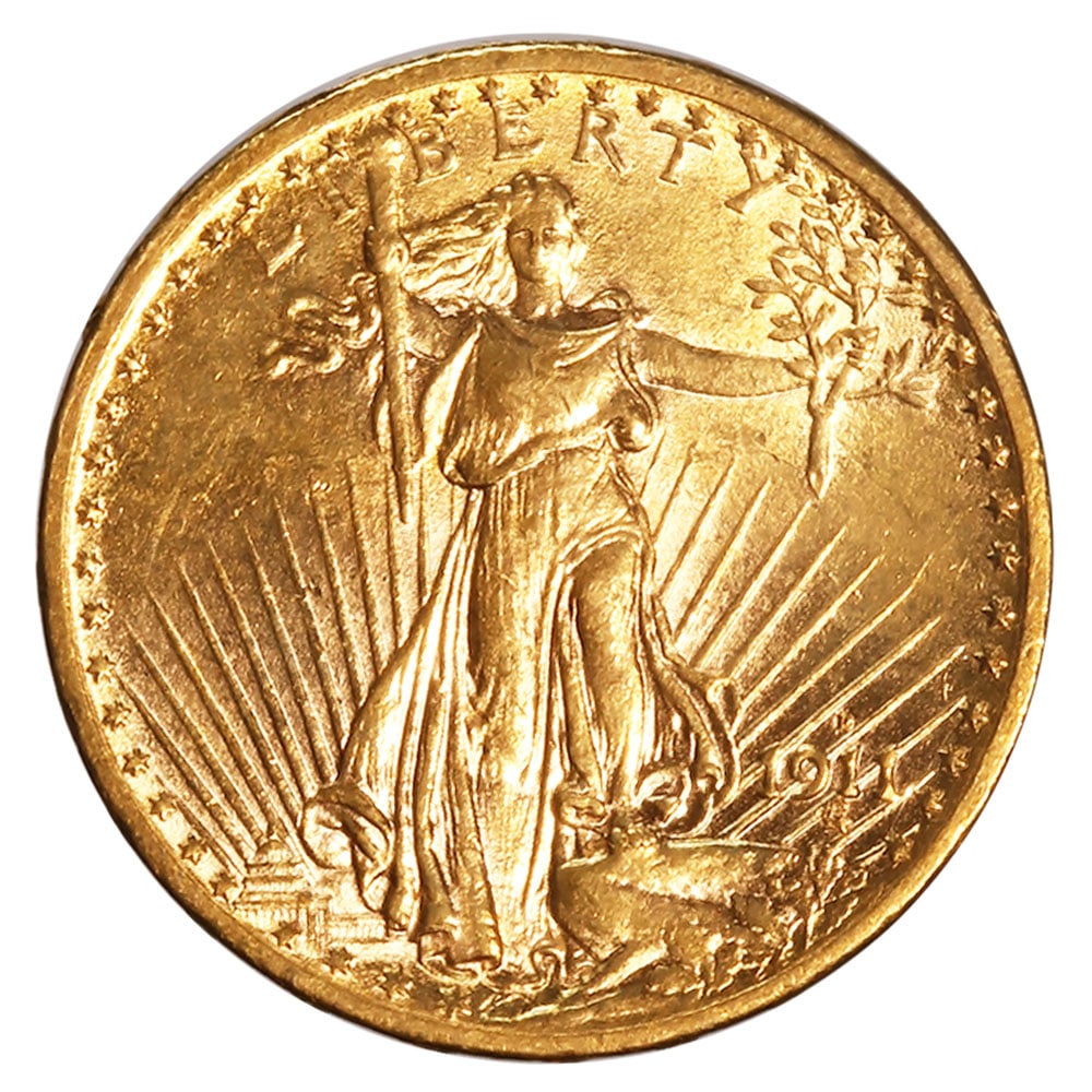 $20 Gold Saint Gaudens 1911-D AU: The 1911-D $20 Gold Saint-Gaudens in Almost Uncirculated condition is a celebrated piece of American numismatic history, renowned for its stunning design and historical significance. Created by famed 