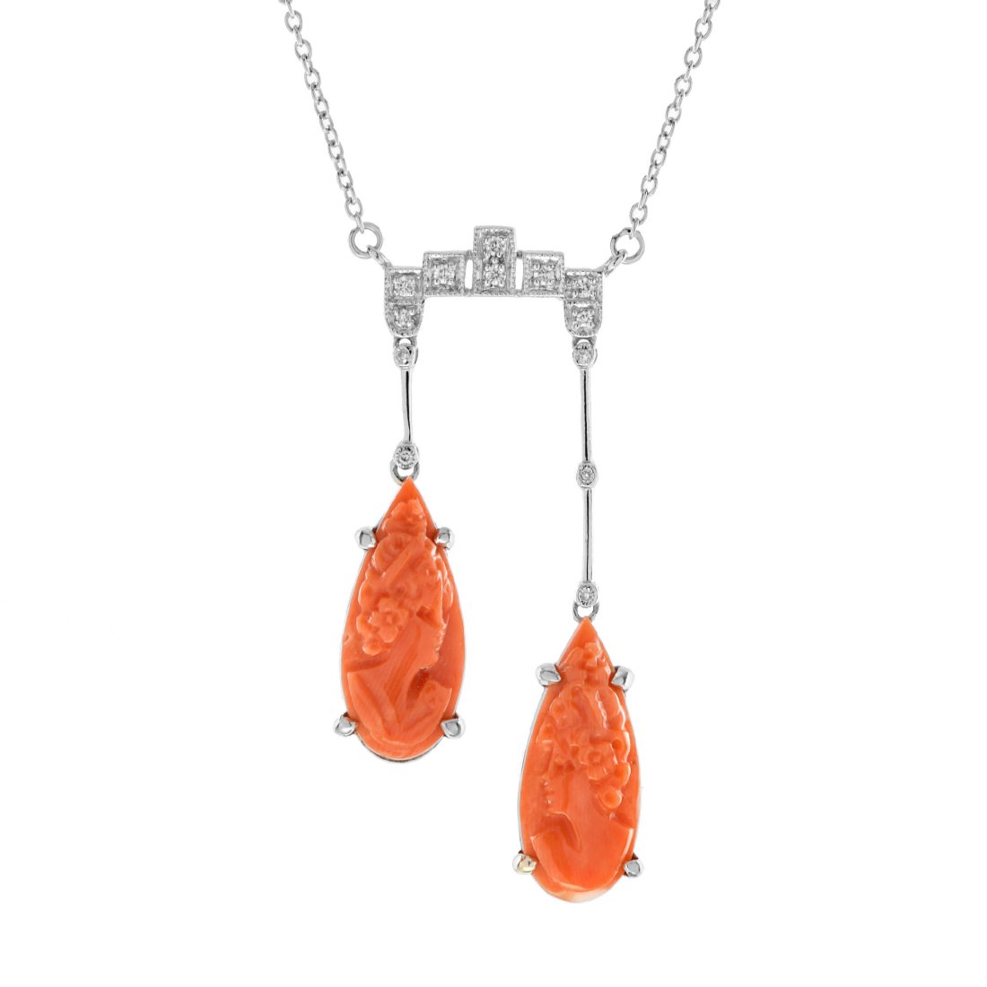 Cameo Coral and Diamond Edwardian Style Negligee Necklace in 14K White Gold (1 of 7)