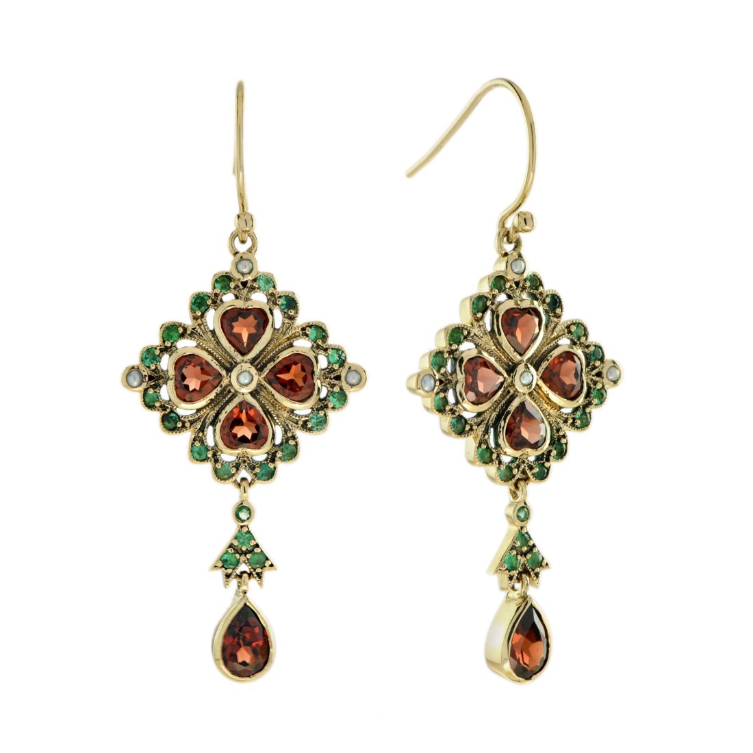 Garnet Emerald Pearl Vintage Style Drop Earrings in 9K Yellow Gold (1 of 6)