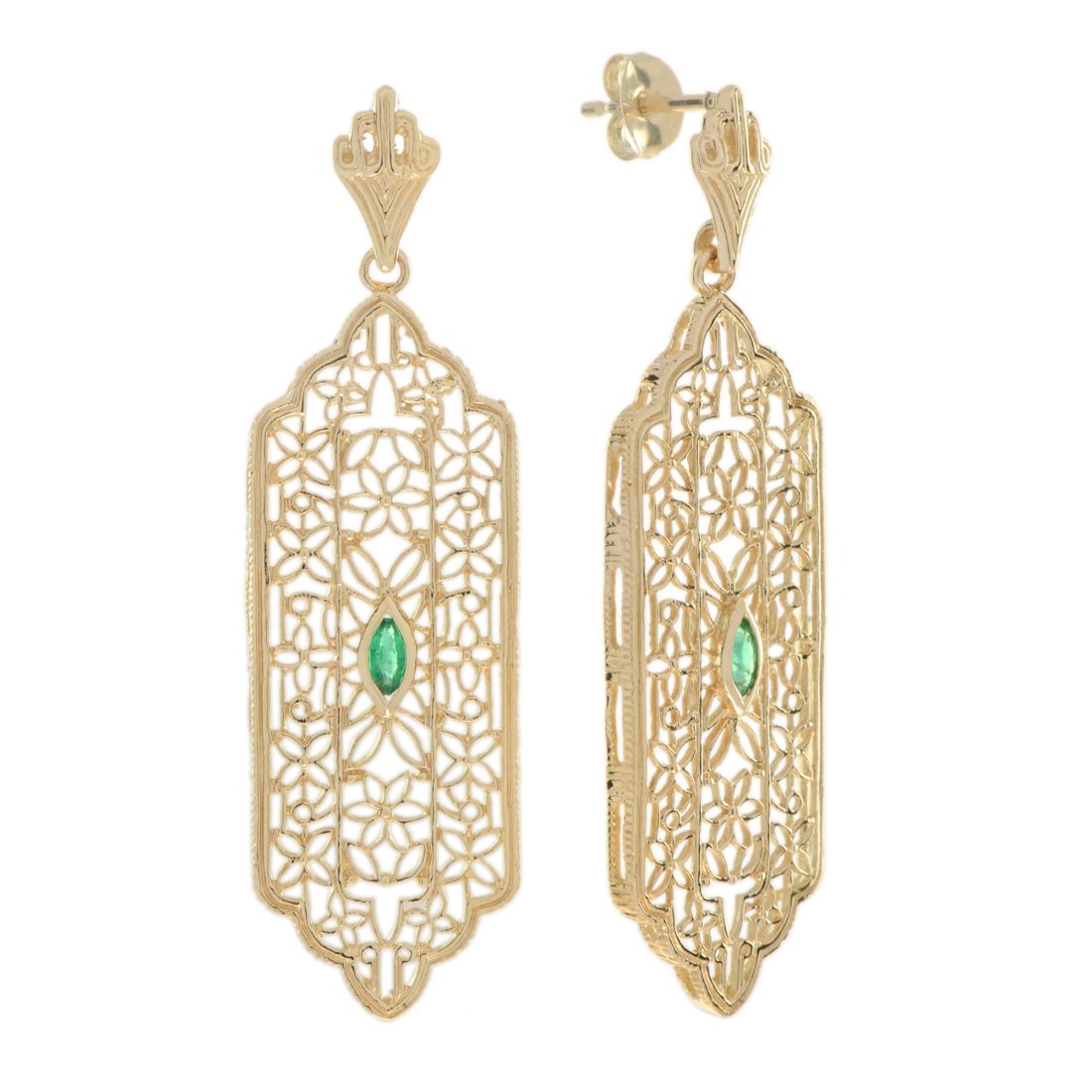 Natural Emerald and Diamond Filigree Dangle Earrings in Solid 9K Yellow Gold (1 of 7)