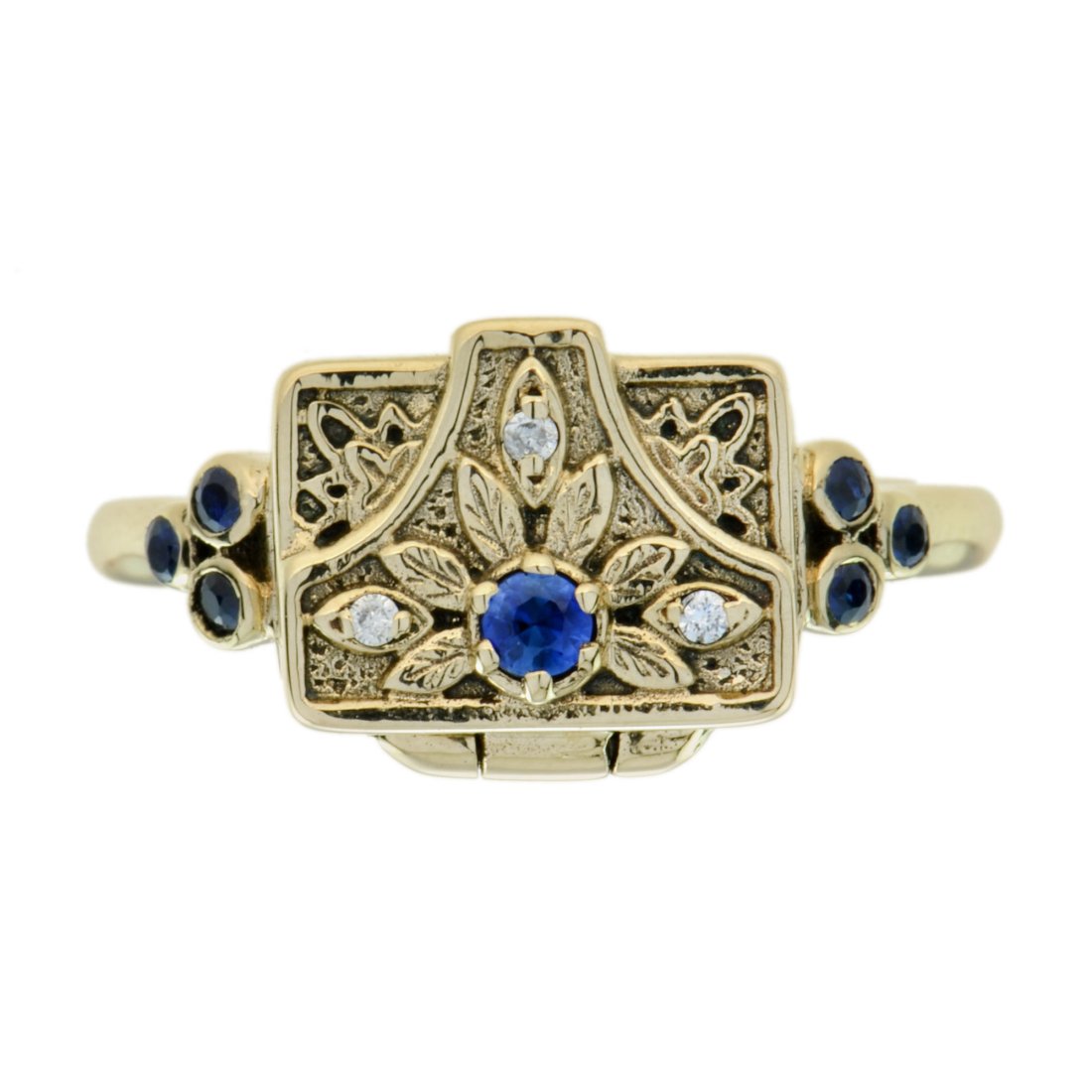 Sapphire and Diamond Vintage Style Poison Locket Ring in 9K Yellow Gold (1 of 9)