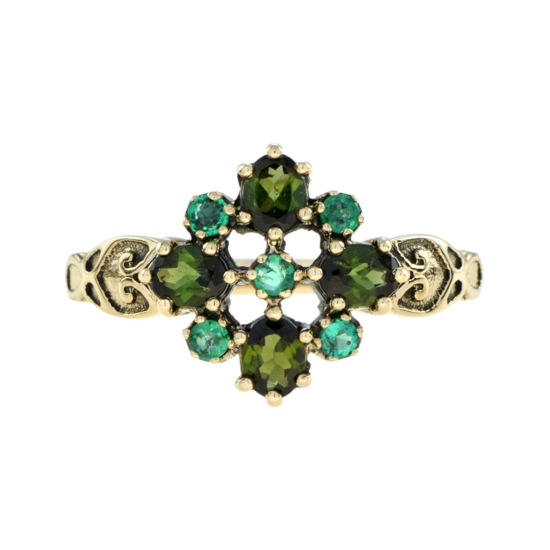 Vintage Style Green Tourmaline and Emerald Cluster Ring in 9K Yellow Gold (1 of 8)