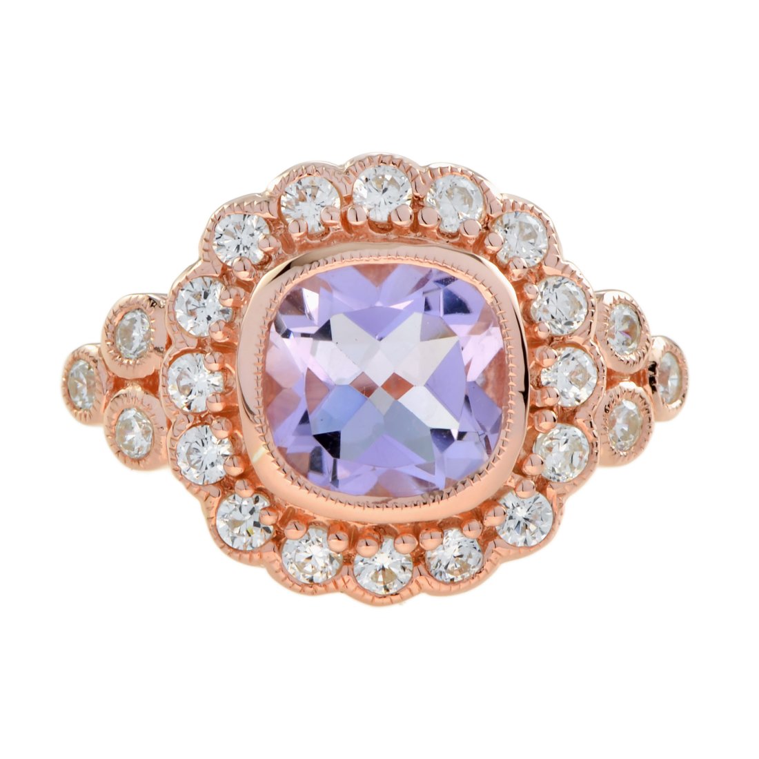Pink Amethyst and Diamond Antique Style Halo Engagement Ring in 14K Rose Gold (1 of 8)