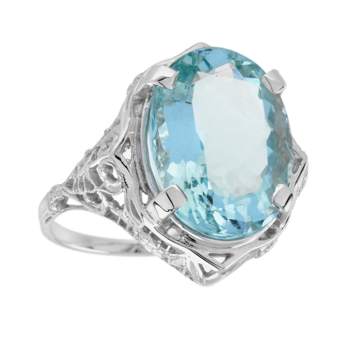 6.61 Ct. Natural Aquamarine Vintage Style Filigree Solitaire Ring in Solid 14K White Gold (1 of 8)