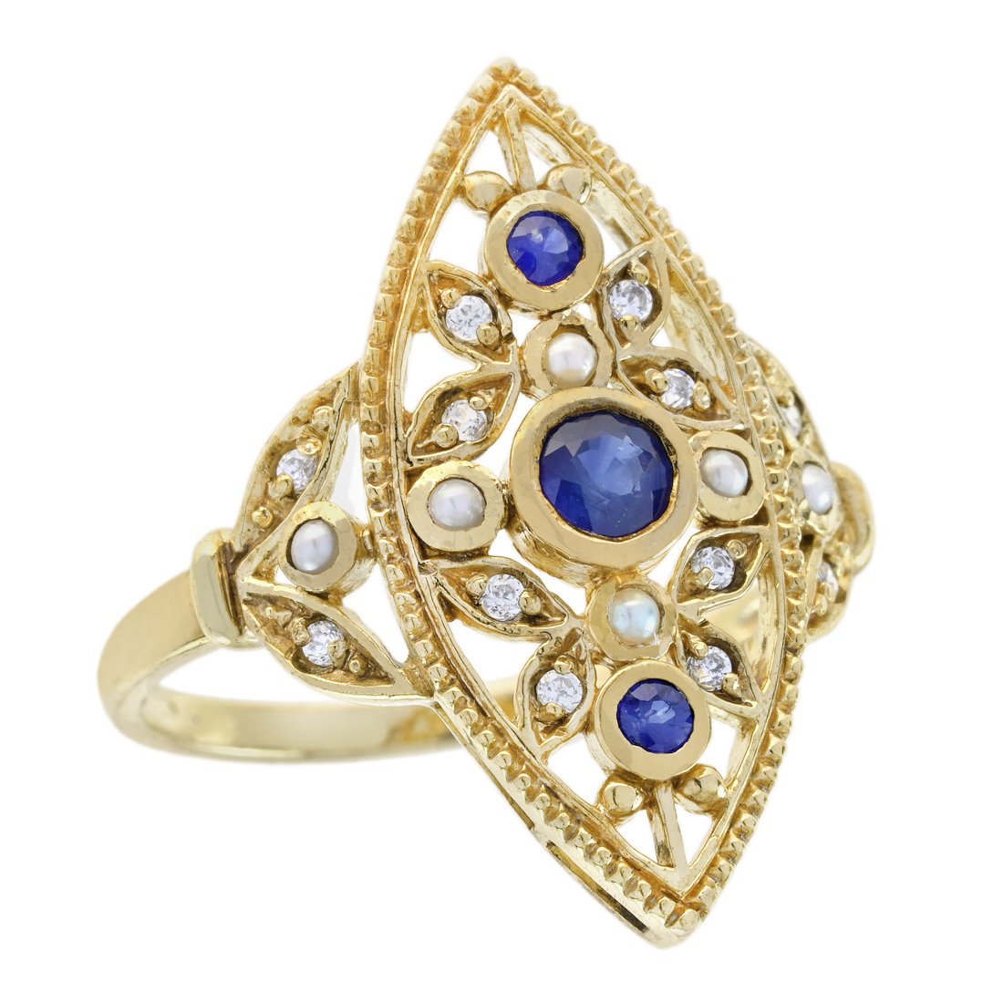 Natural Blue Sapphire Diamond Pearl Vintage Style Floral Cocktail Ring in Solid 14K Yellow Gold (1 of 8)