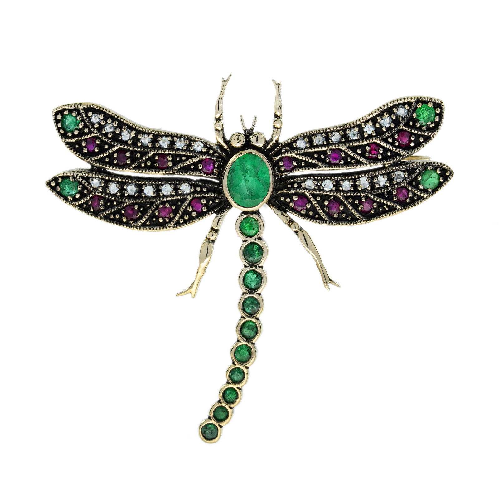 Emerald Ruby Diamond Vintage Style Dragonfly Brooch in 14K Yellow Gold (1 of 7)