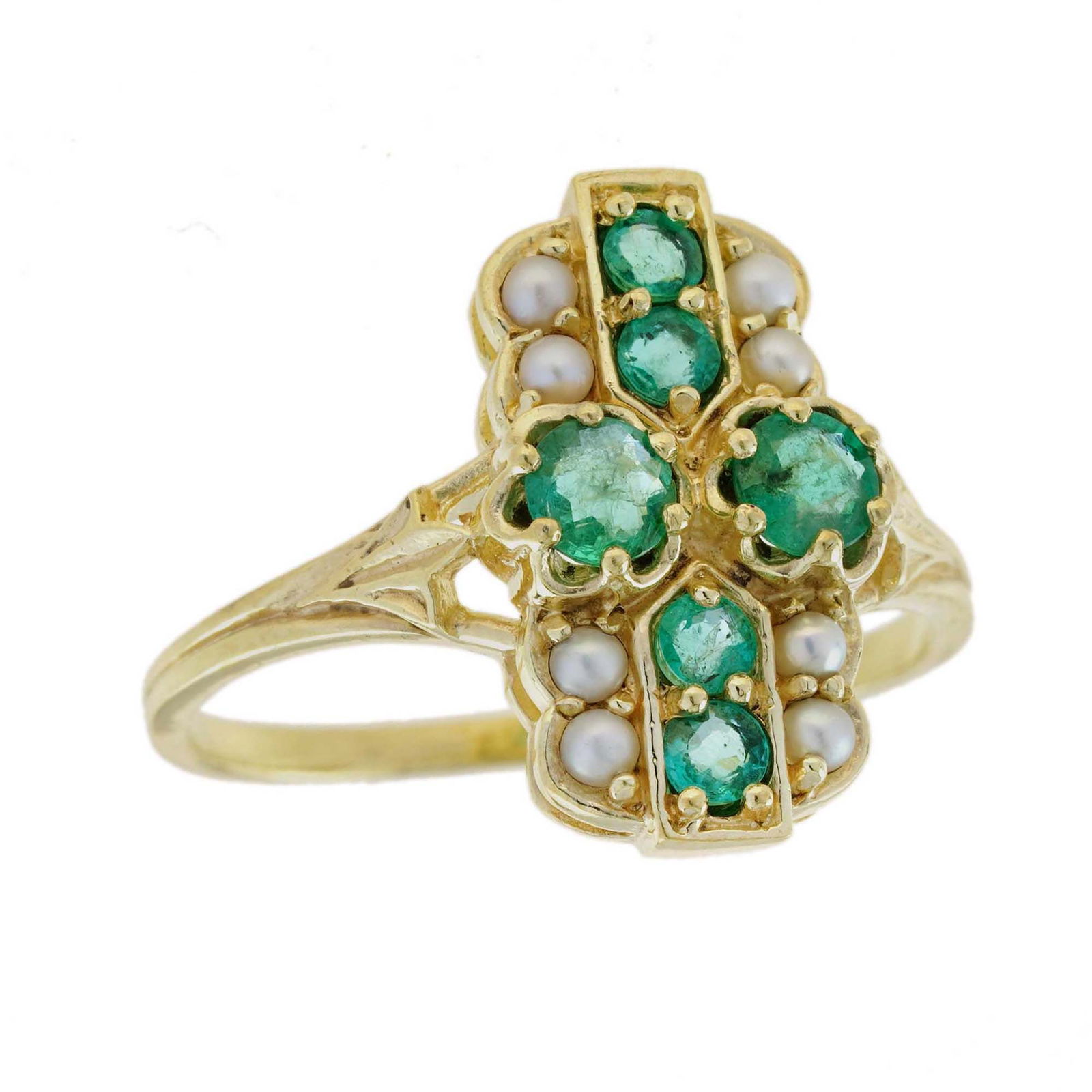 Natural Emerald and Pearl Vintage Style Ring in Solid 14K Yellow Gold (1 of 8)