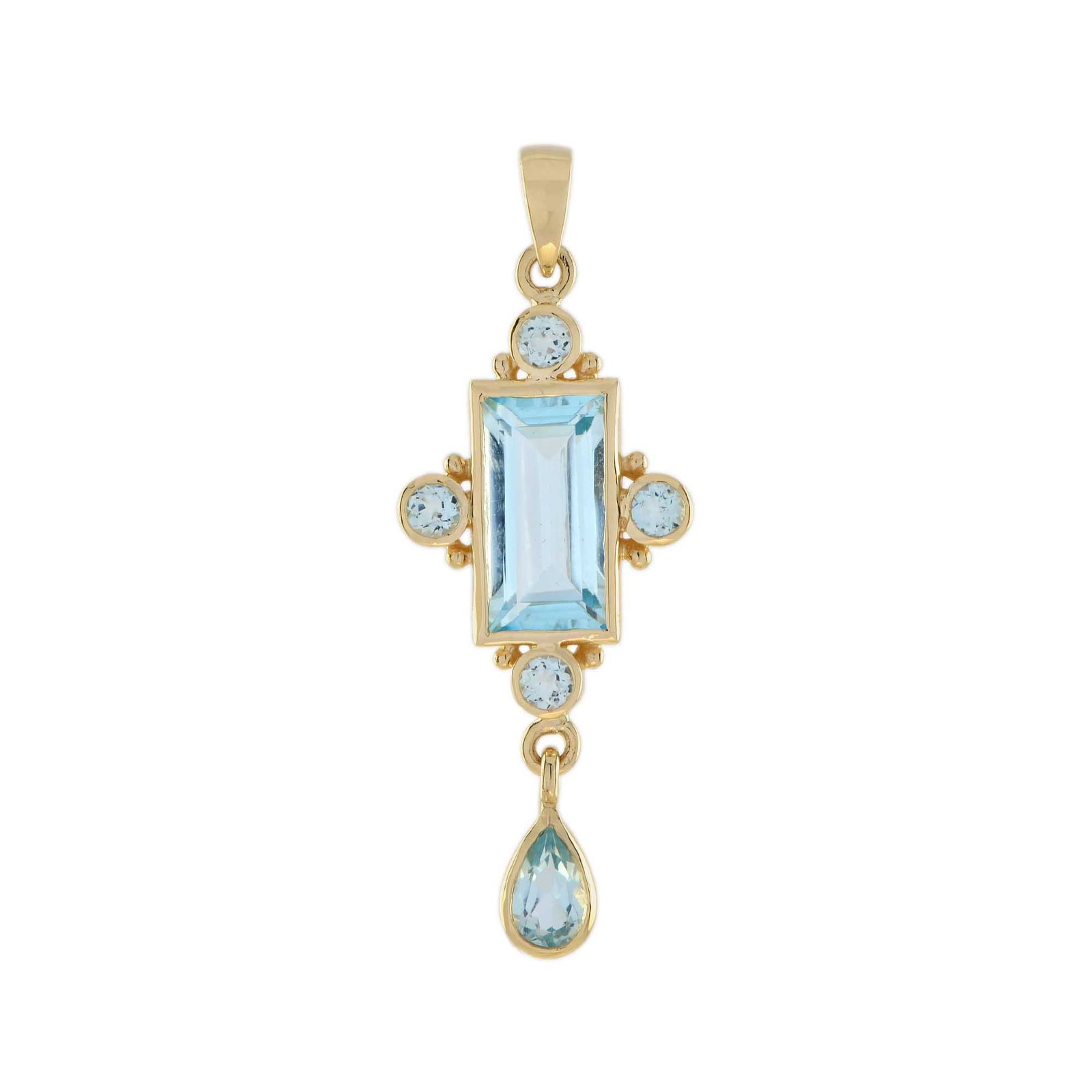 Blue Topaz Bezel Set Vintage Style Pendant in 9K Yellow Gold: With a bright sky blue topaz in a bezel setting, this pendant is a simple but eye-catching style. The stone is further accentuated with smaller round and drop blue topaz. This piece is perfect to wear