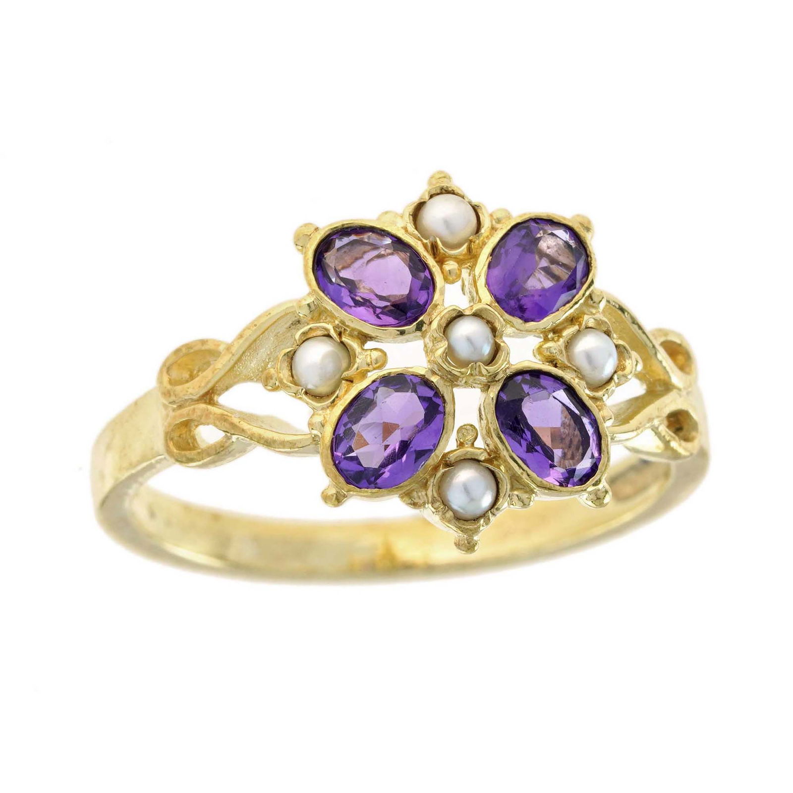 Natural Amethyst and Pearl Vintage Style Floral Cluster Ring in Solid 14K Yellow Gold (1 of 8)
