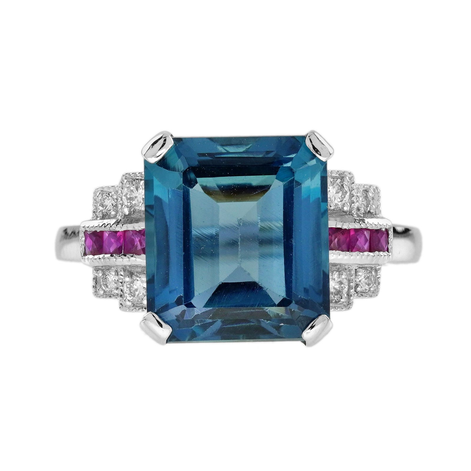 18K White Gold 7.7 Ct. London Blue Topaz Ruby Diamond Art Deco Style Engagement Ring (1 of 7)