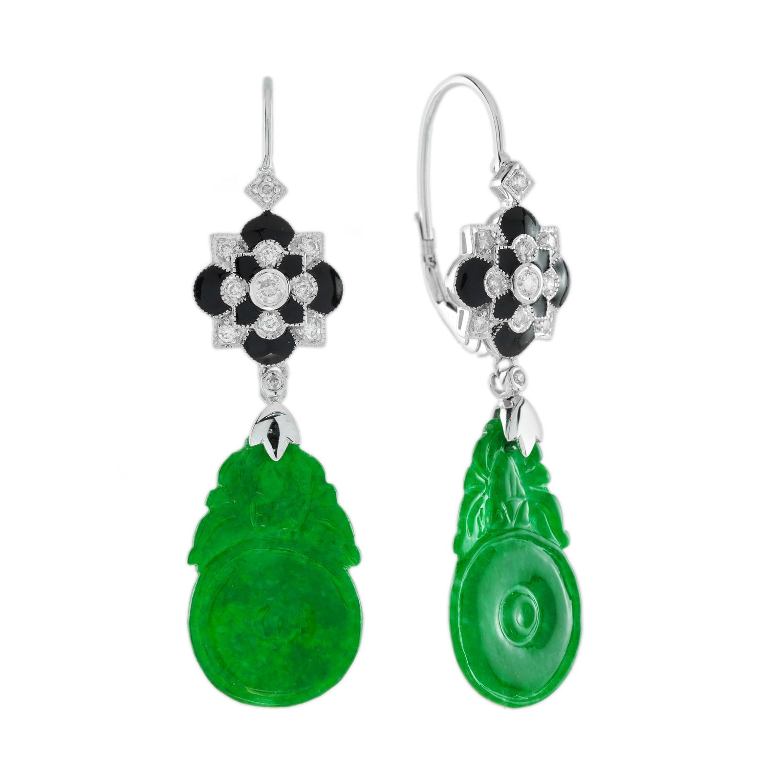 9K White Gold Orange Fruit Carved Jade Diamond Enamel Vintage Style Earrings (1 of 5)
