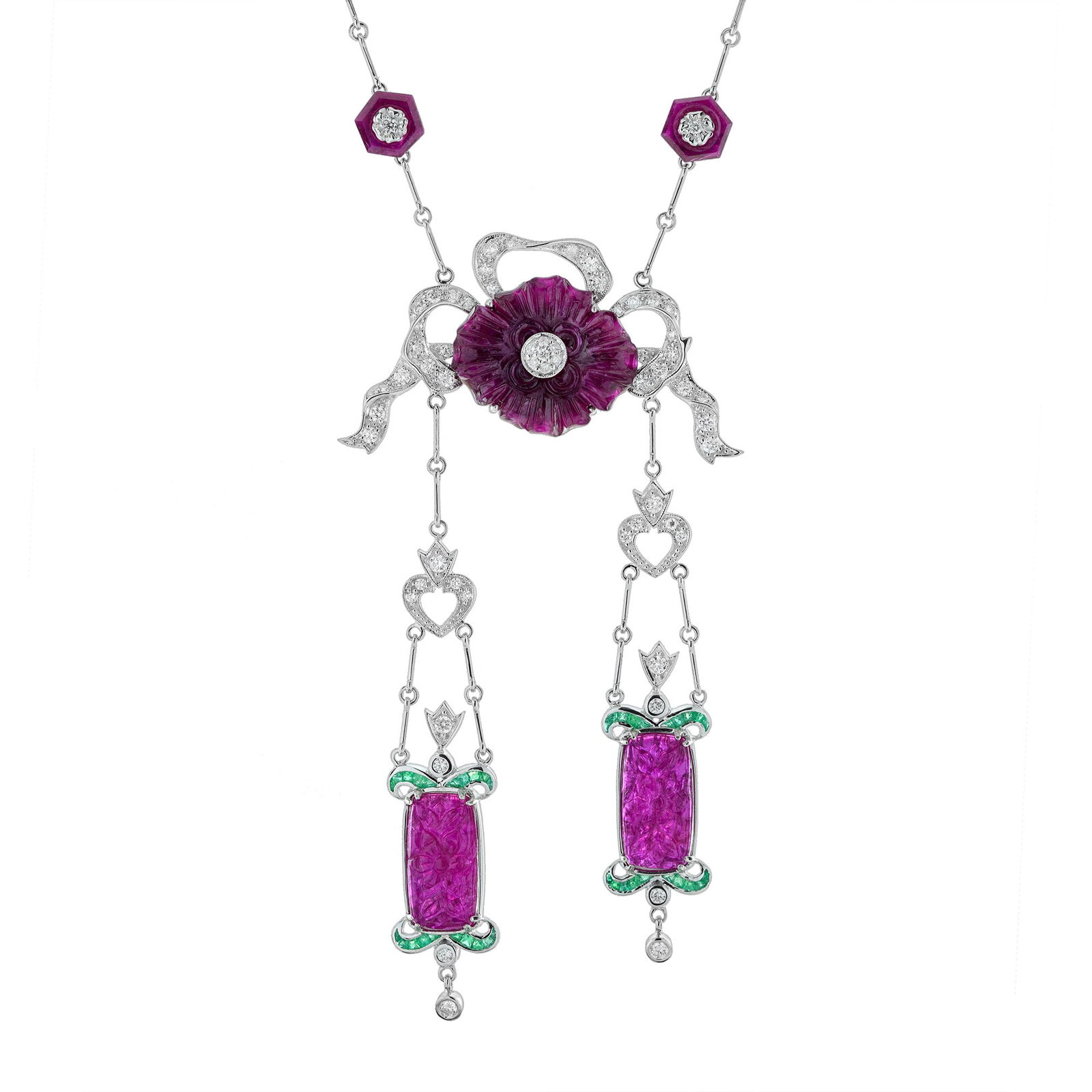 18K White Gold Carved No Heated Ruby Emerald Diamond Necklace (1 of 8)