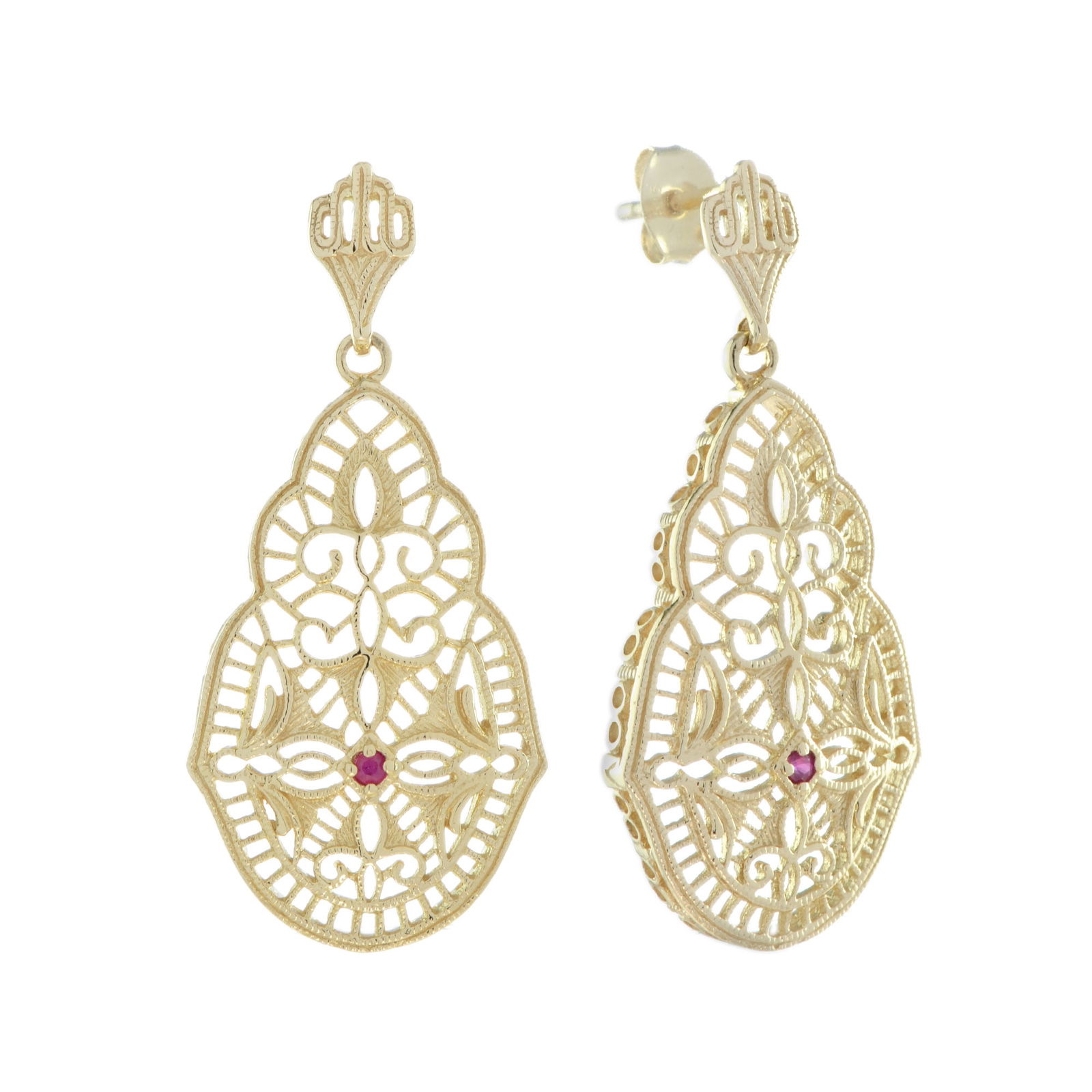 Solid 14K Yellow Gold Natural Ruby Vintage Style Filigree Dangle Earrings (1 of 6)