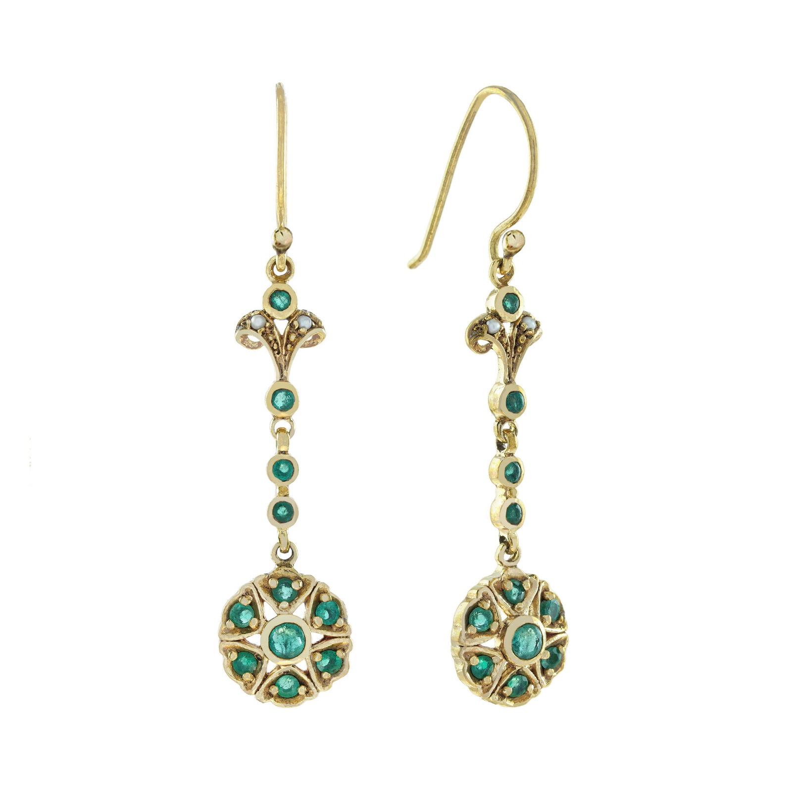 9K Yellow Gold Natural Emerald and Pearl Vintage Style Dangle Earrings (1 of 5)