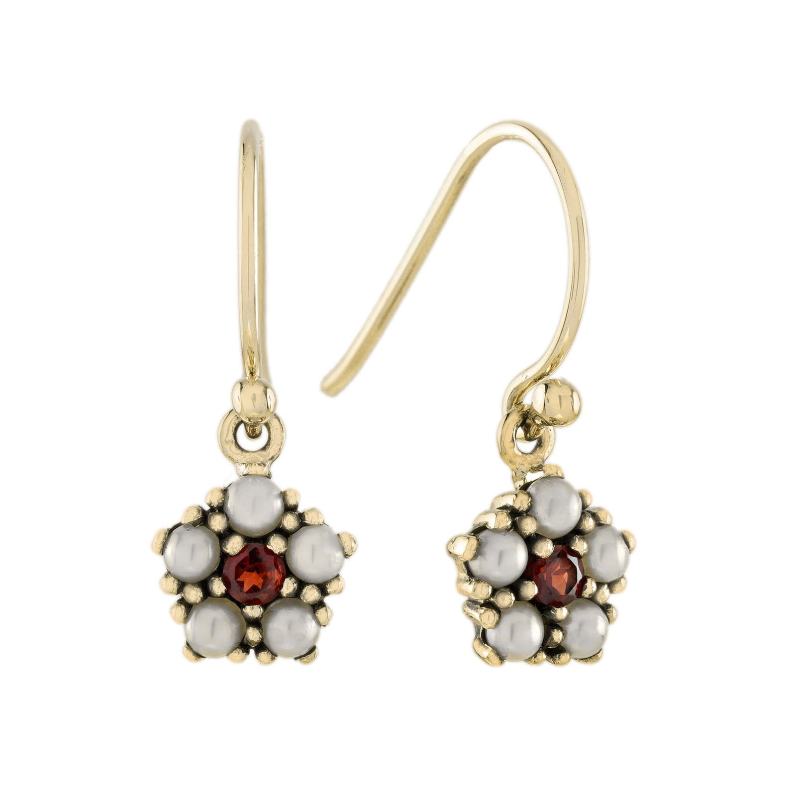 Solid 9K Yellow Gold Natural Garnet and Pearl Vintage Style Floral Dangle Earrings (1 of 5)