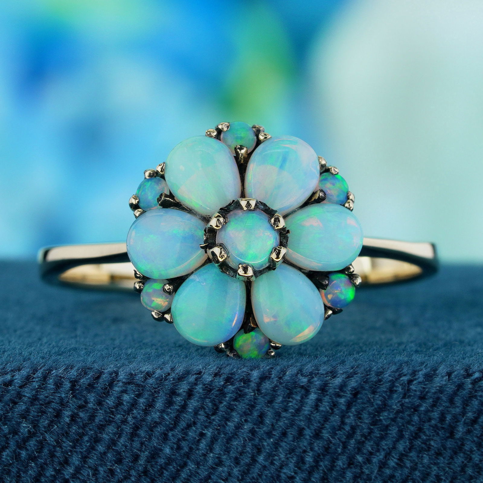 9K Yellow Gold Natural Opal Vintage Style Floral Cluster Ring (1 of 6)
