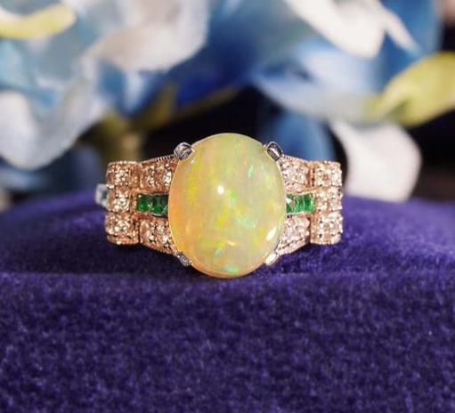 14K White Gold 2.46 Ct. Opal Emerald Diamond Art Deco Style Solitaire Ring (1 of 10)
