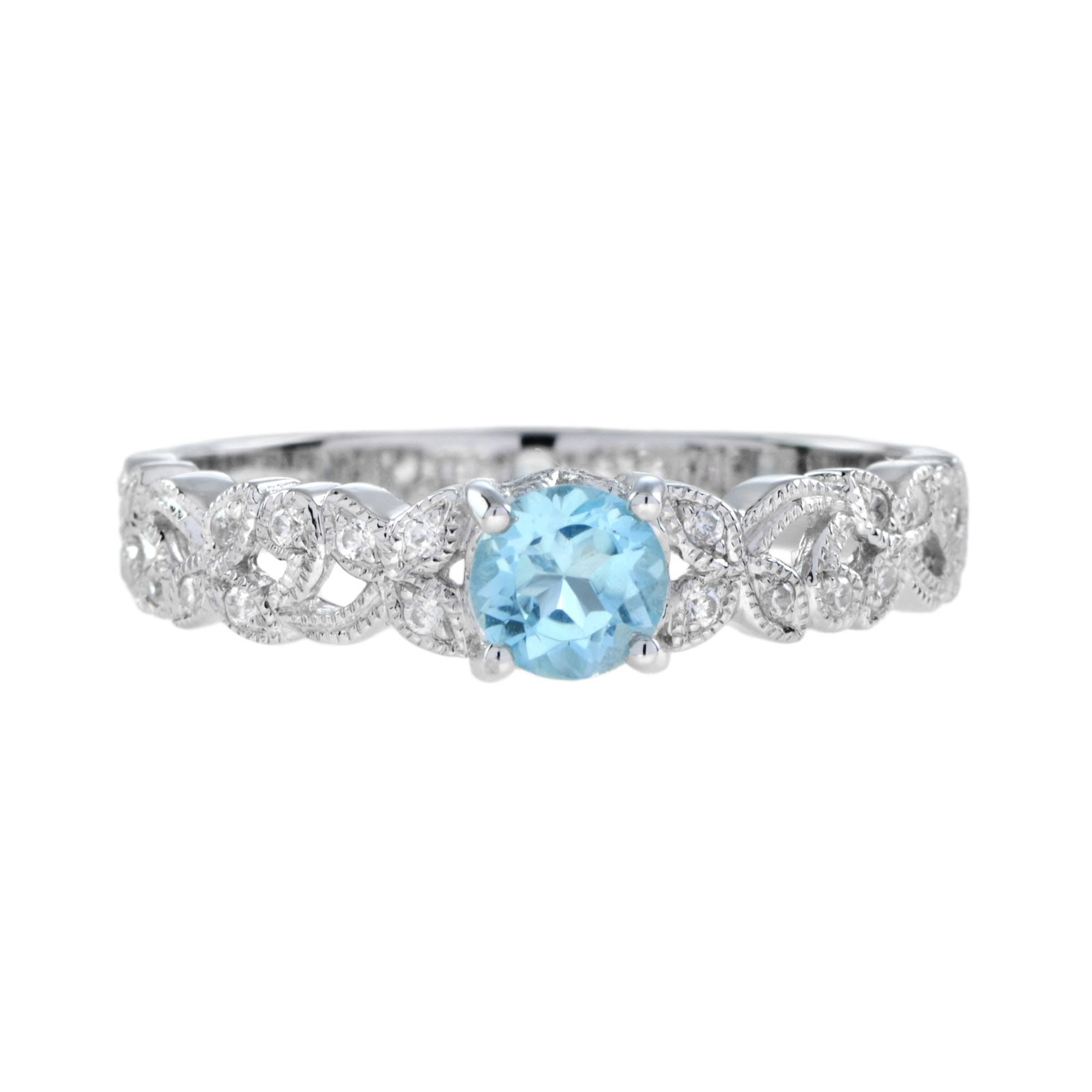 14K White Gold Round Blue Topaz with Diamond Filigree Band Ring: A ring with a unique, ethereal beauty, this romantic antique-inspired piece is the last word in feminine luxury. From the gorgeous 4.5 mm center blue topaz stone, set into this stunning ring with a cl