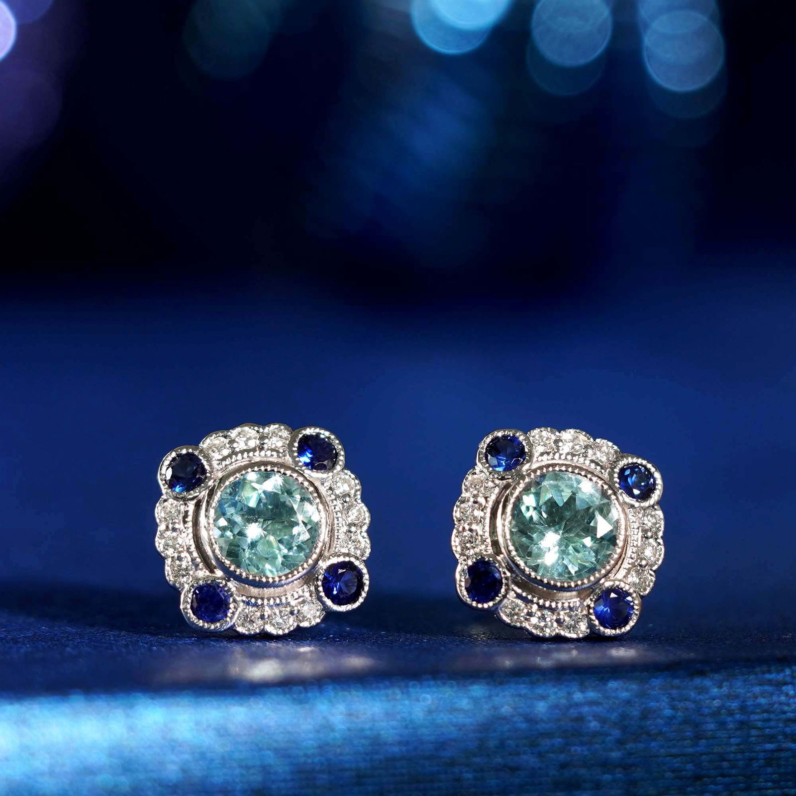 18K White Gold Aquamarine and Blue Sapphire Art Deco Style Stud Earrings (1 of 7)