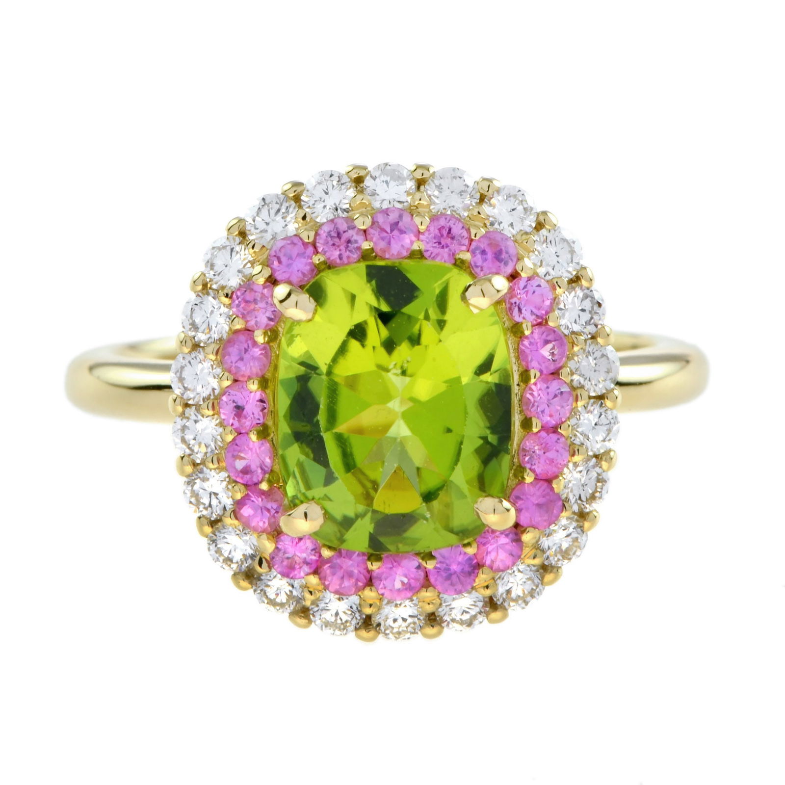 Peridot and Pink Sapphire Diamond Halo Ring in 14K Yellow Gold (1 of 7)