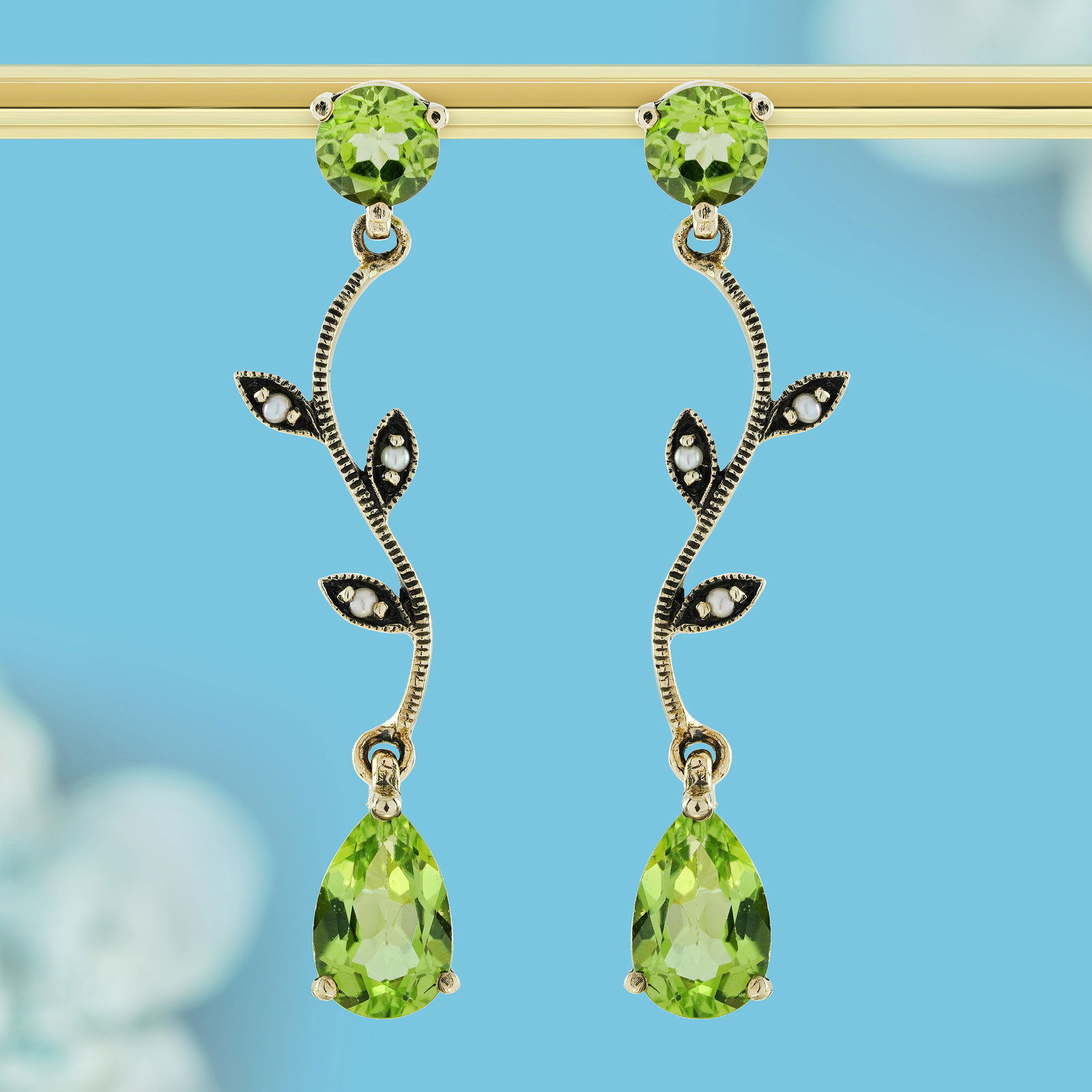 9K Yellow Gold Natural Peridot and Pearl Vintage Style Dangle Earrings (1 of 5)