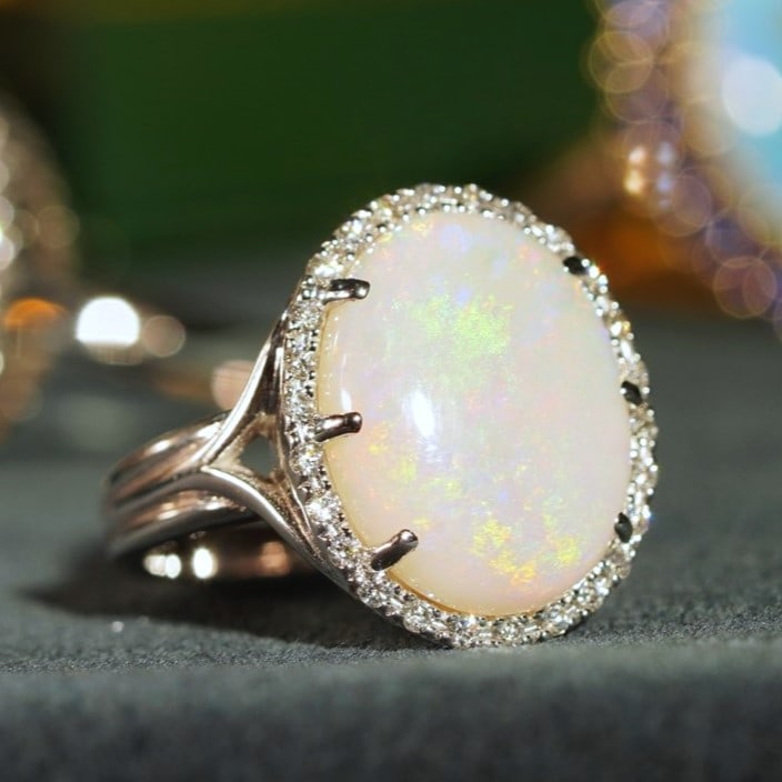 18K White Gold 4.22 Ct. Opal and Diamond Vintage Style Cocktail Ring (1 of 9)