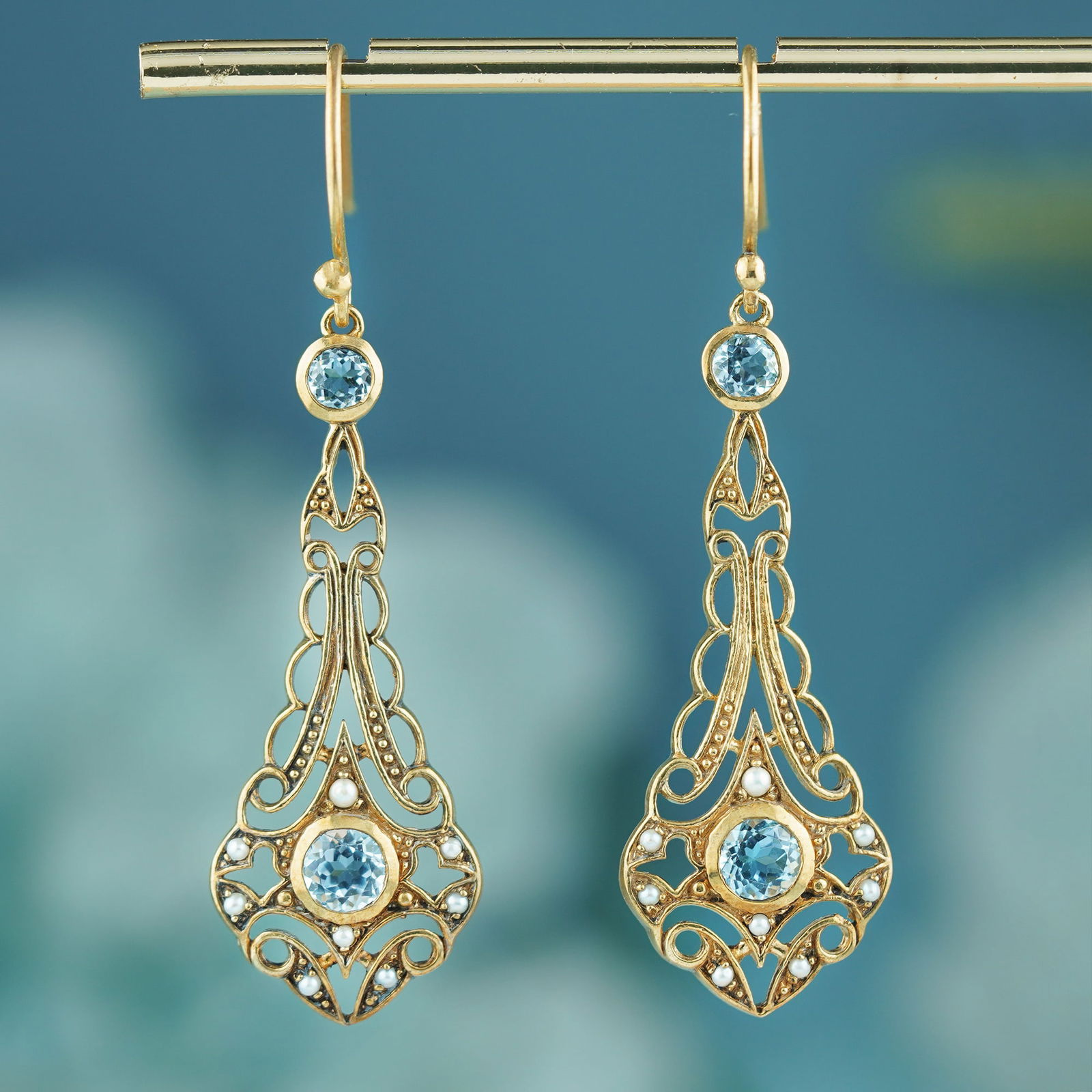 9K Yellow Gold Blue Topaz and Diamond Filigree Dangle Earrings (1 of 8)