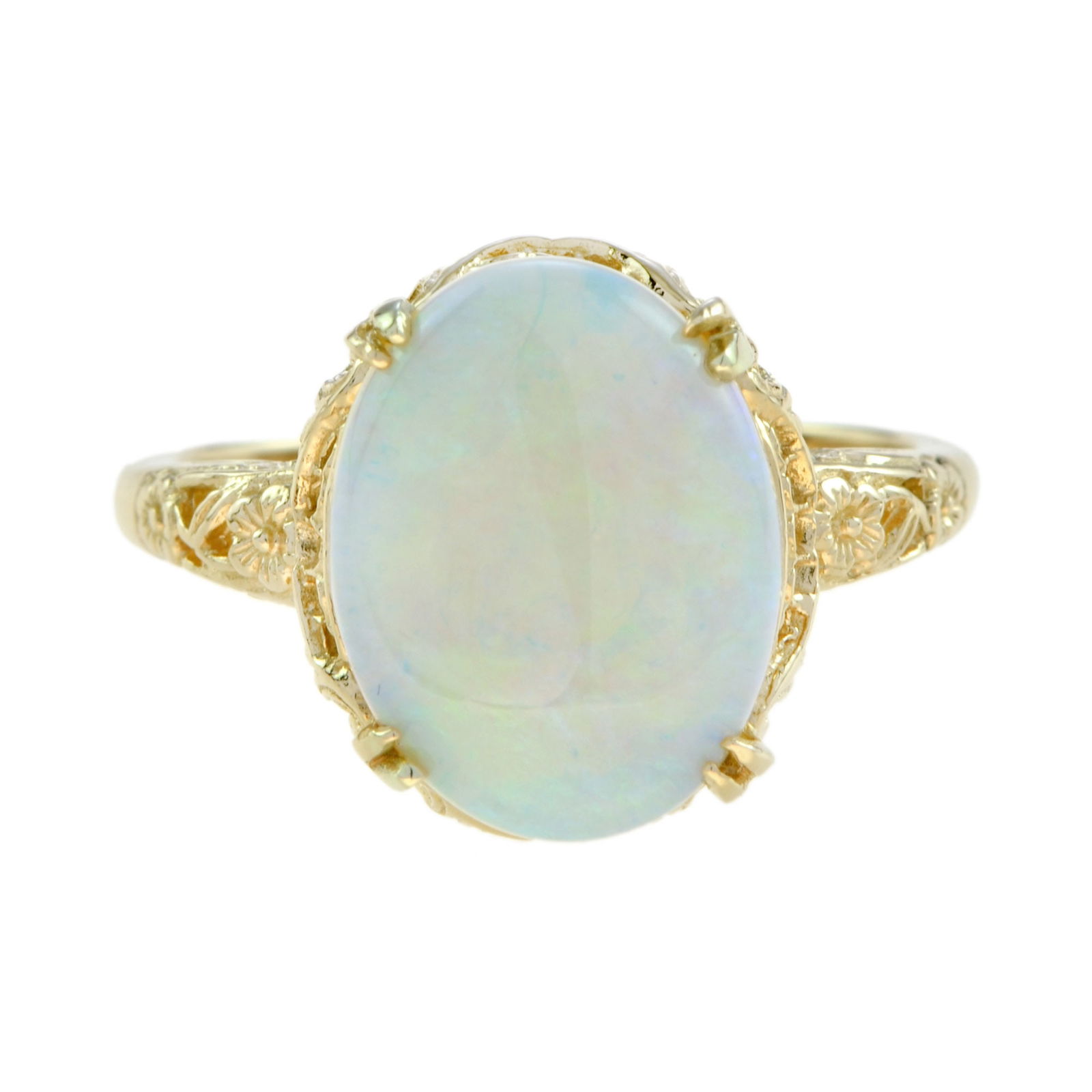 14K Yellow Gold Natural Opal Vintage Style Floral Filigree Ring (1 of 8)