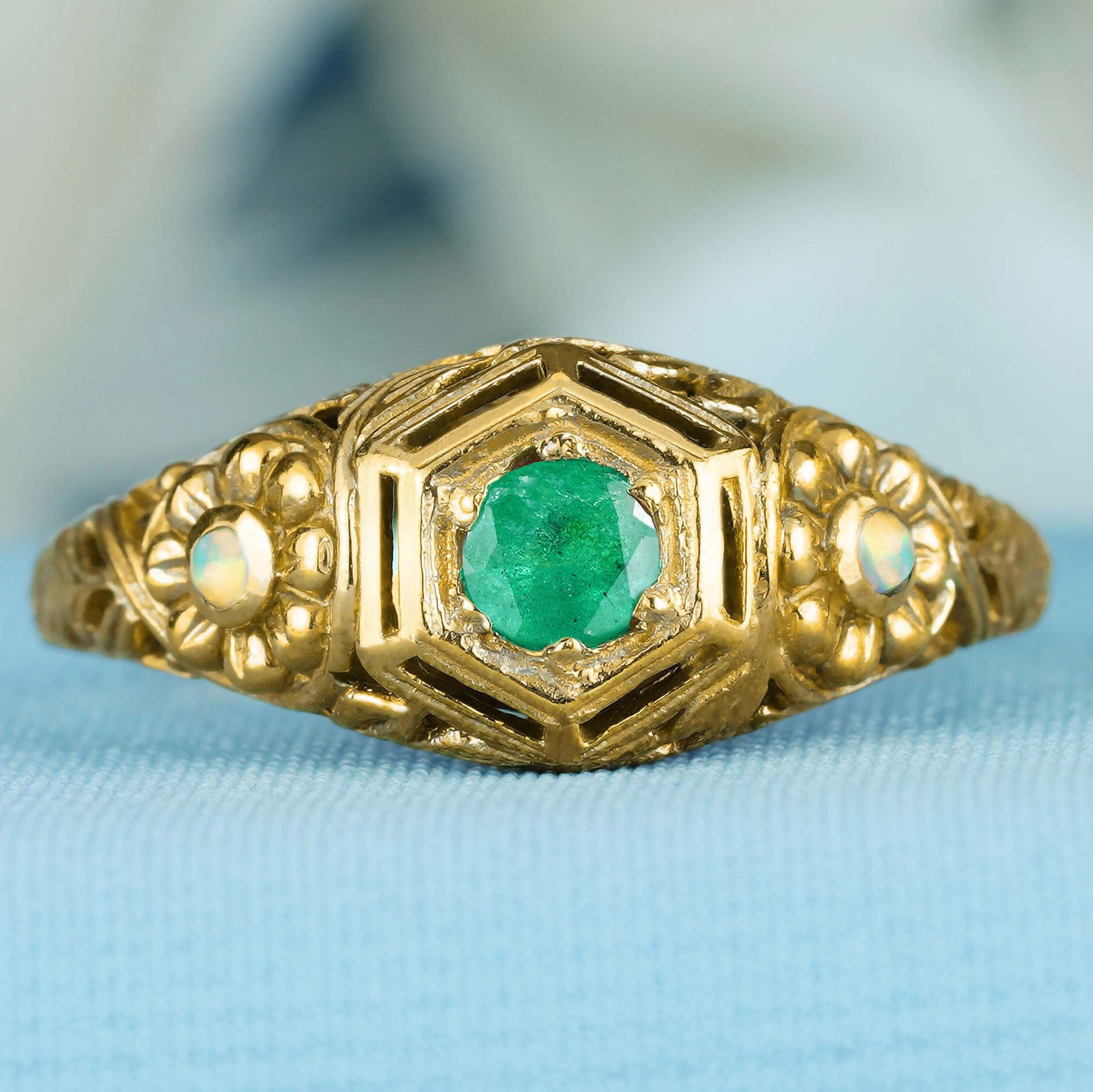 9K Yellow Gold Natural Emerald and Opal Vintage Style Filigree Ring in Solid (1 of 8)