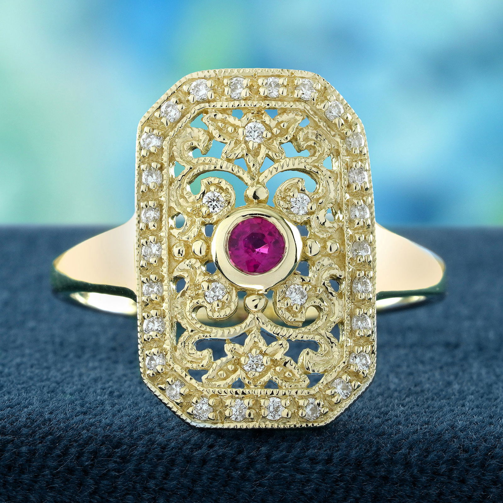9K Yellow Gold Natural Ruby and Diamond Vintage Style Filigree Ring (1 of 8)