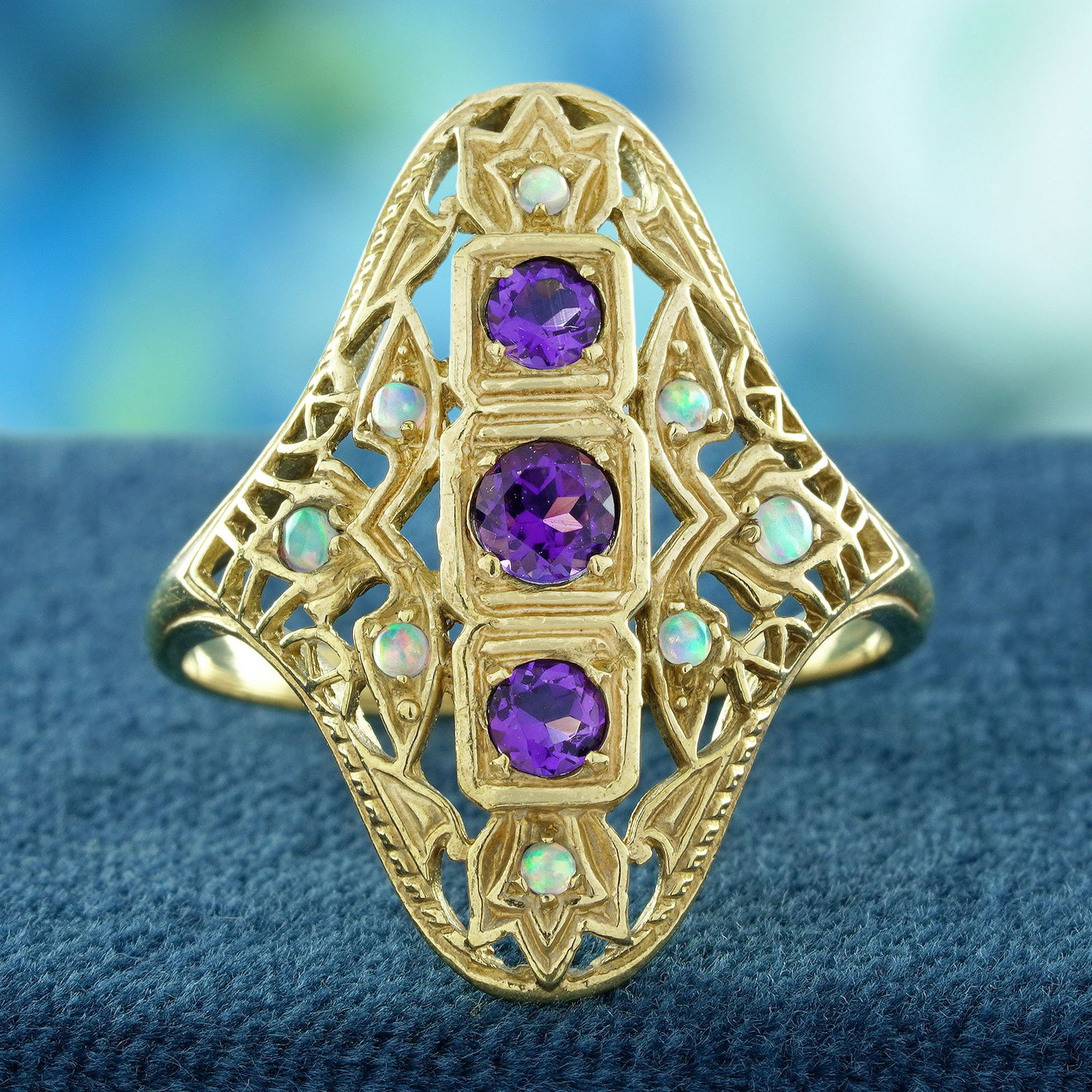 14K Yellow Gold Natural Amethyst Opal Filigree Three Stone Ring (1 of 8)
