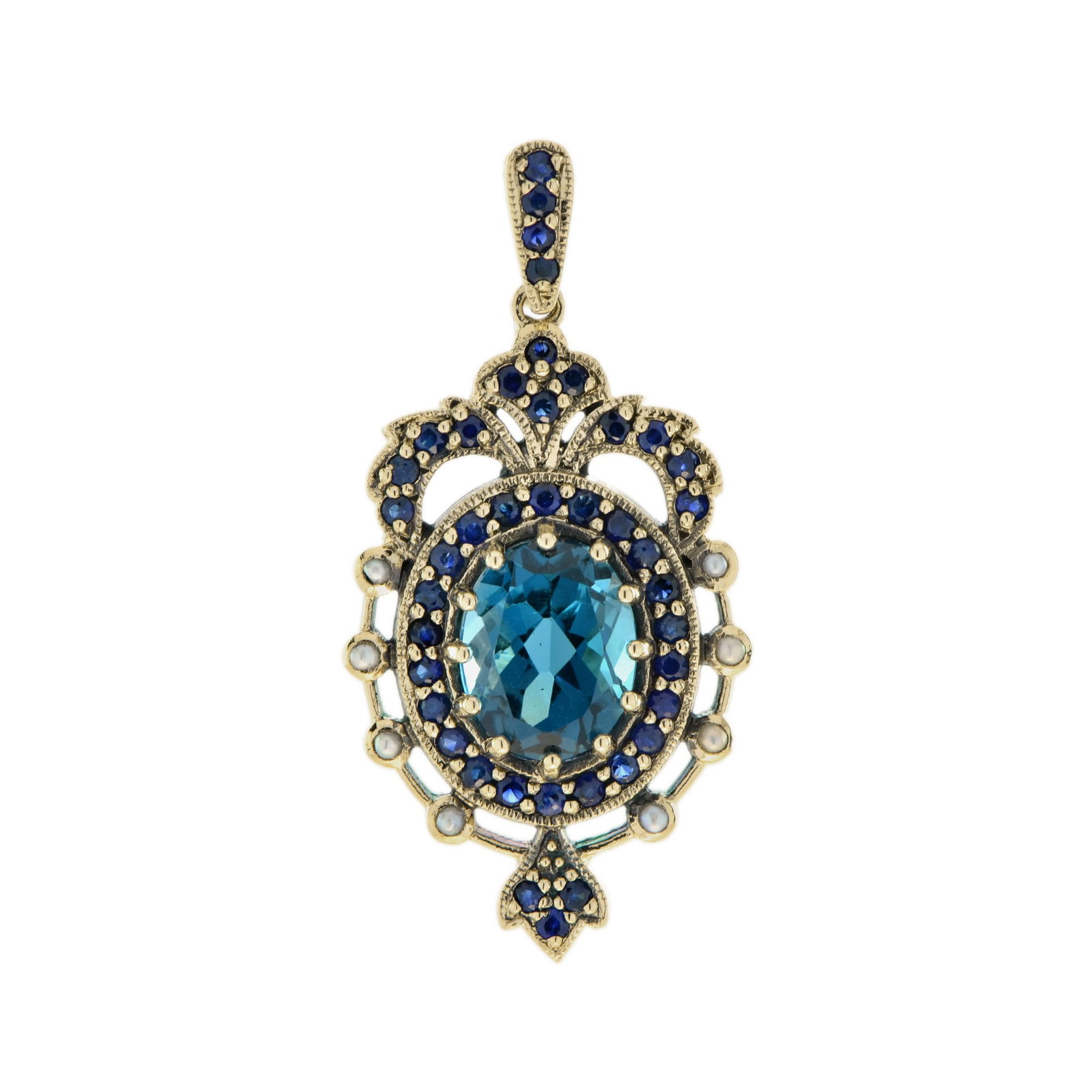 9K Yellow Gold London Blue Topaz Sapphire and Pearl Vintage Style Pendant in Oxidized: Necklace Information Style: Edwardian Metal: 9K Yellow Gold (Oxidized) Width: 16 mm. Length: 33 mm. (length excludes chain) Weight: 3.11 g. (approx. in total) Center Gemstones Type: London Blue Topaz 