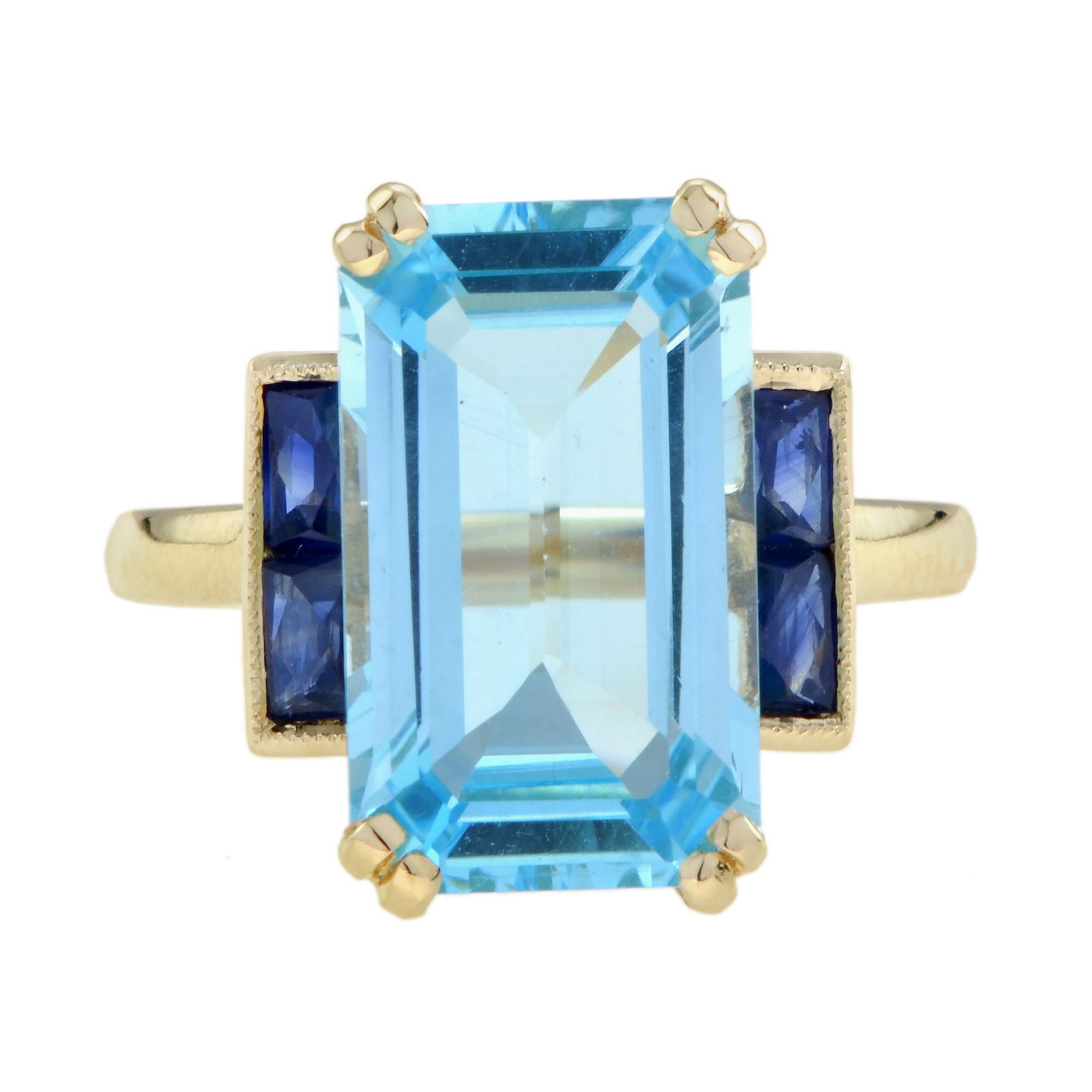 14k Yellow Gold Emerald Cut Blue Topaz and Sapphire Art Deco Style Solitaire Ring (1 of 9)