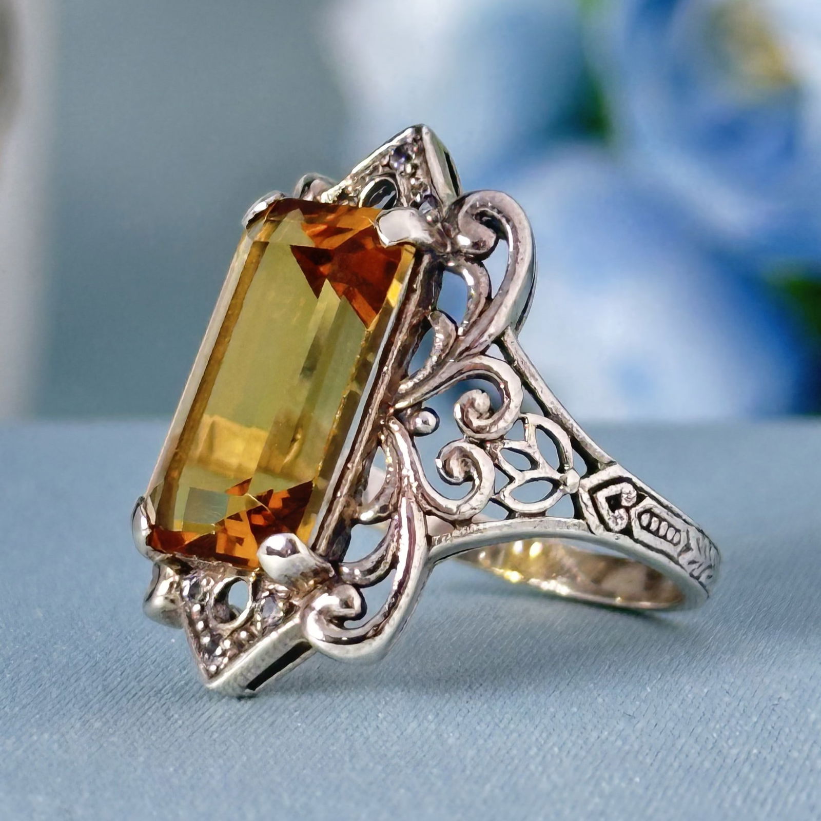 Silver 925 Hydro Citrine and White Topaz Emerald Cut Vintage Style Filigree Ring (1 of 3)