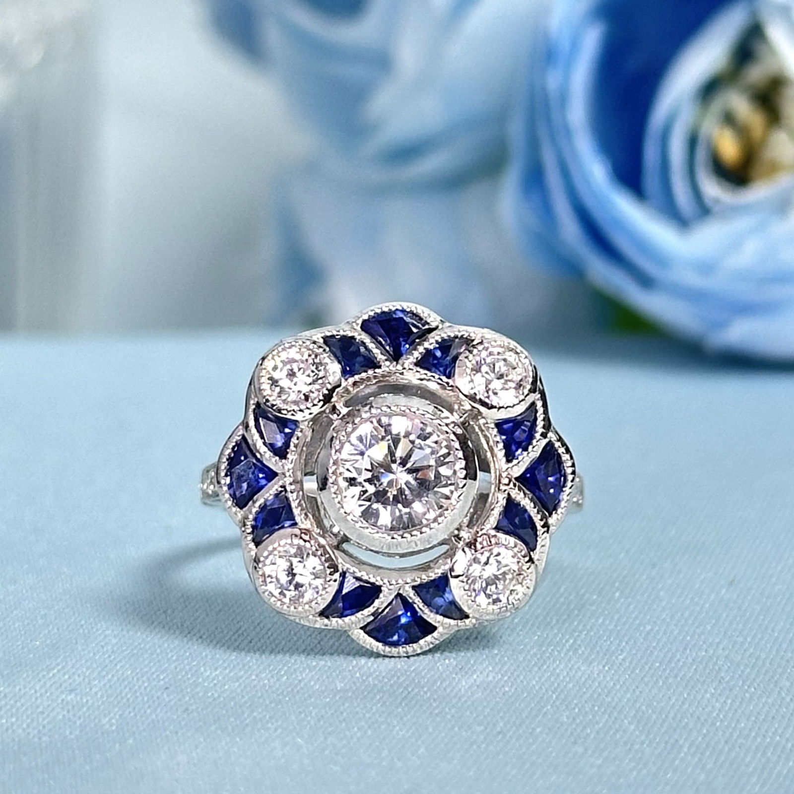 Silver 925 CZ Synthetic Sapphire Art Deco Style Cluster Ring Size US7 (1 of 3)