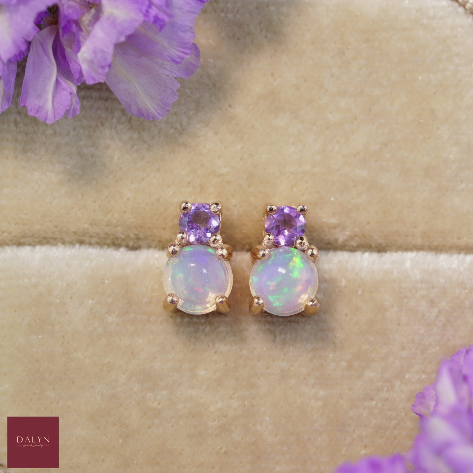 18K Rose Gold Plate Silver 925 Natural Amethyst and Opal Earring: No Reserve!18K Rose Gold Plate Silver 925 Natural Amethyst and Opal Earring Stone: Amethyst,Opal Metal: Silver 925 Approx. Weight: 1.49 g. Approx. Gemstone Weight:1.03 carat Size:- Location: This item