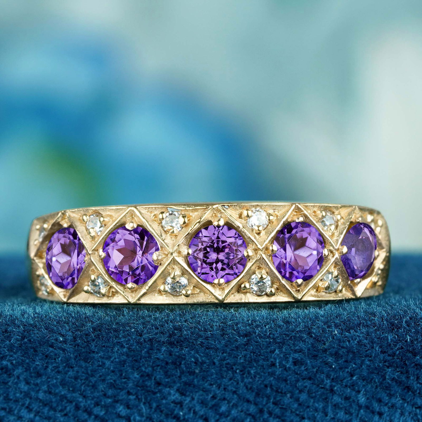 9K Yellow Gold Natural Amethyst Diamond Victorian Style Five Stone Band Ring (1 of 7)