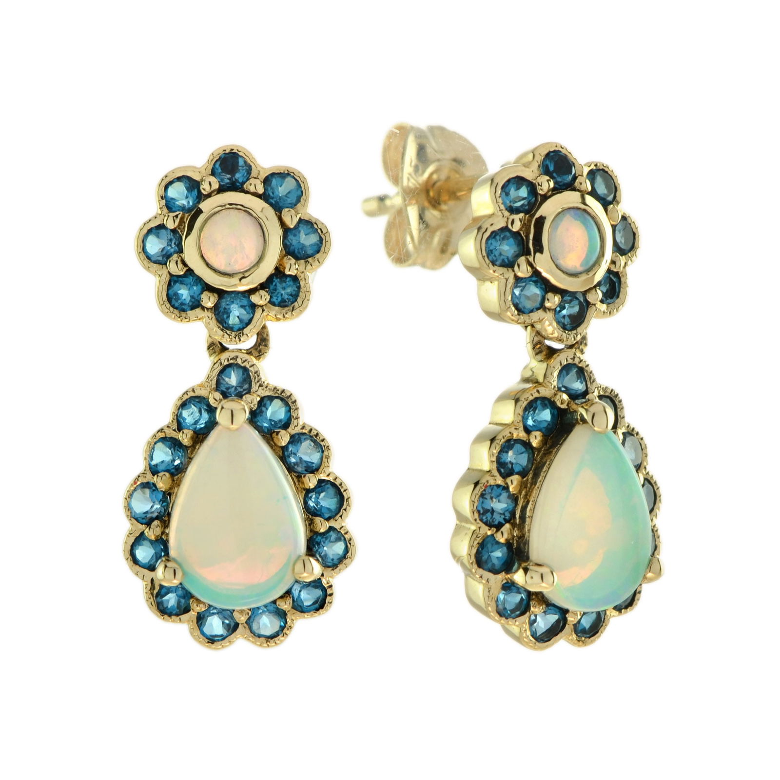 9K Yellow Gold Opal and London Blue Topaz Vintage Style Drop Earrings (1 of 5)