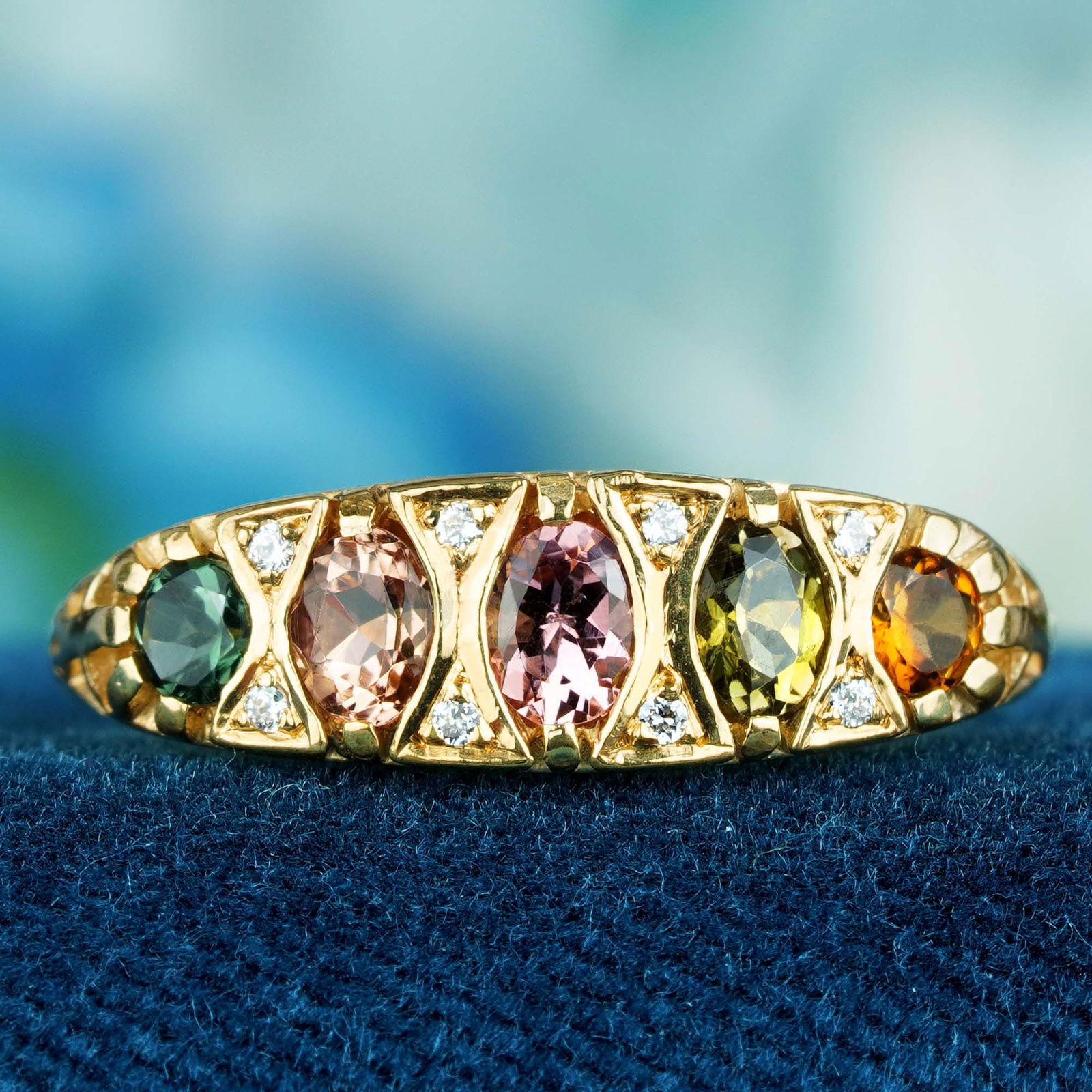 9K Yellow Gold Natural Multi Color Tourmaline Half Eternity Ring (1 of 7)