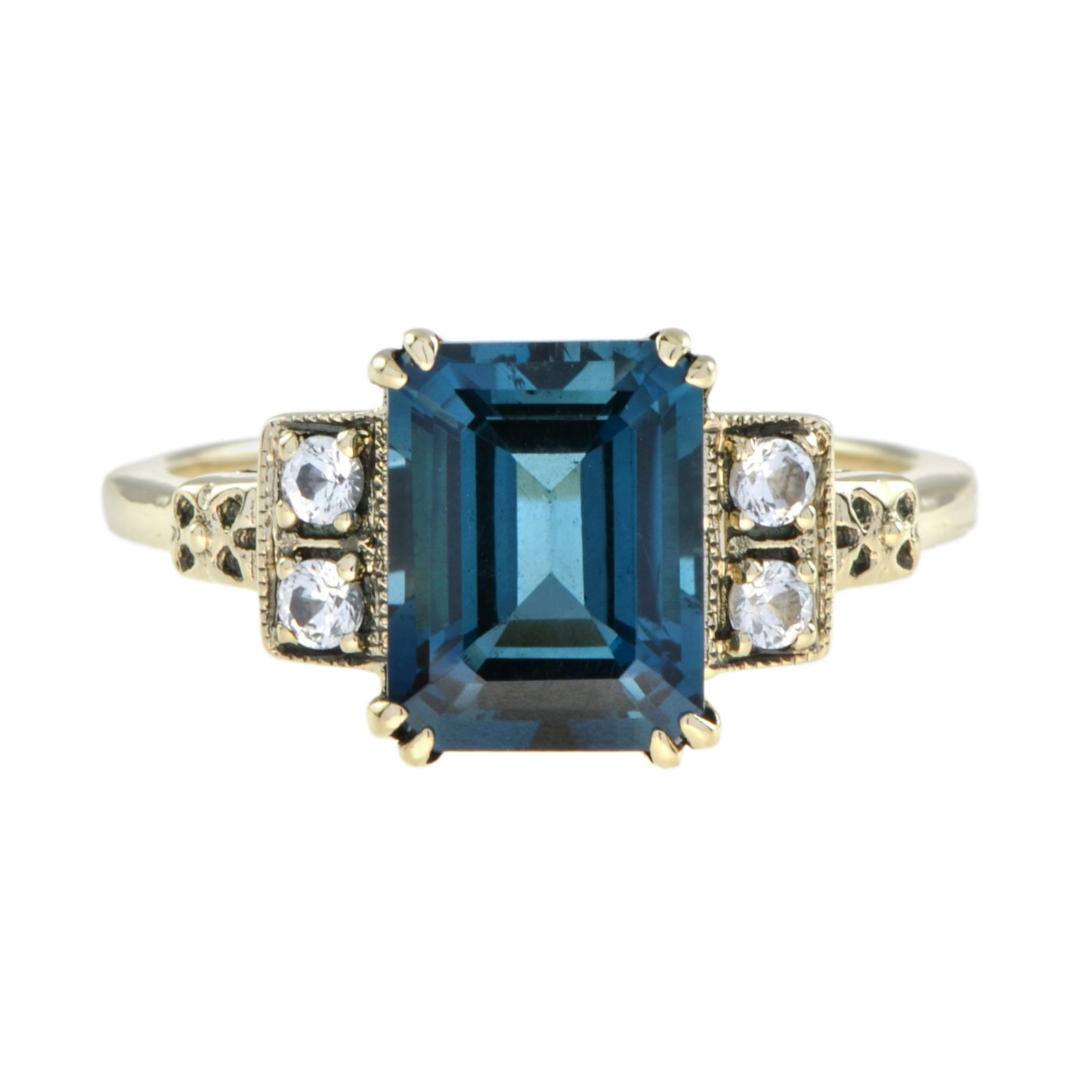 9K Yellow Gold Emerald Cut London Blue Topaz and White Sapphire Engagement Ring (1 of 7)