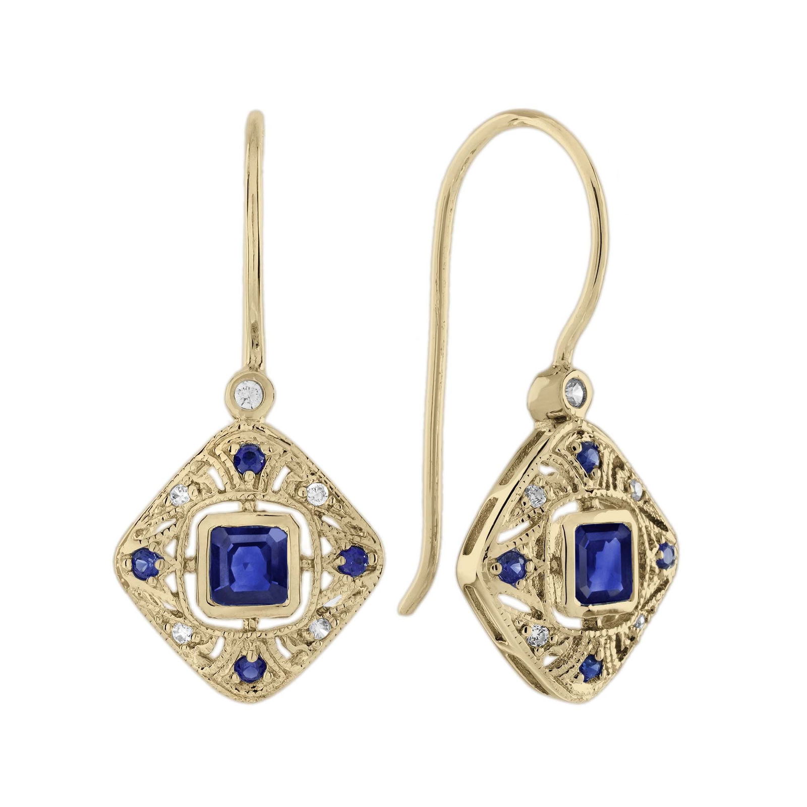 14K Yellow Gold Blue Sapphire and Diamond Art Deco Style Drop Earrings (1 of 7)