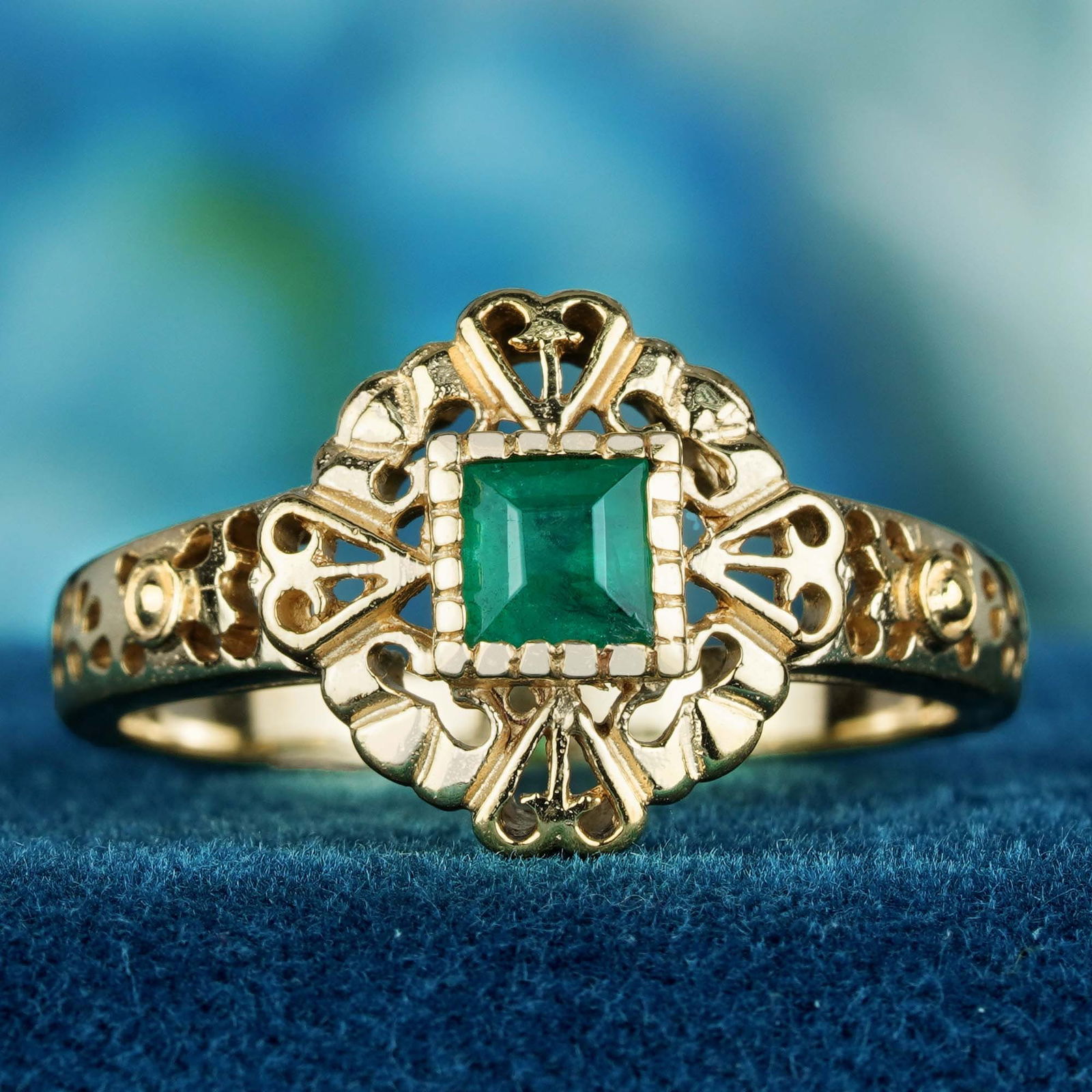 14K Gold Natural Square Emerald Vintage Style Solitaire Heart Filigree Ring (1 of 7)