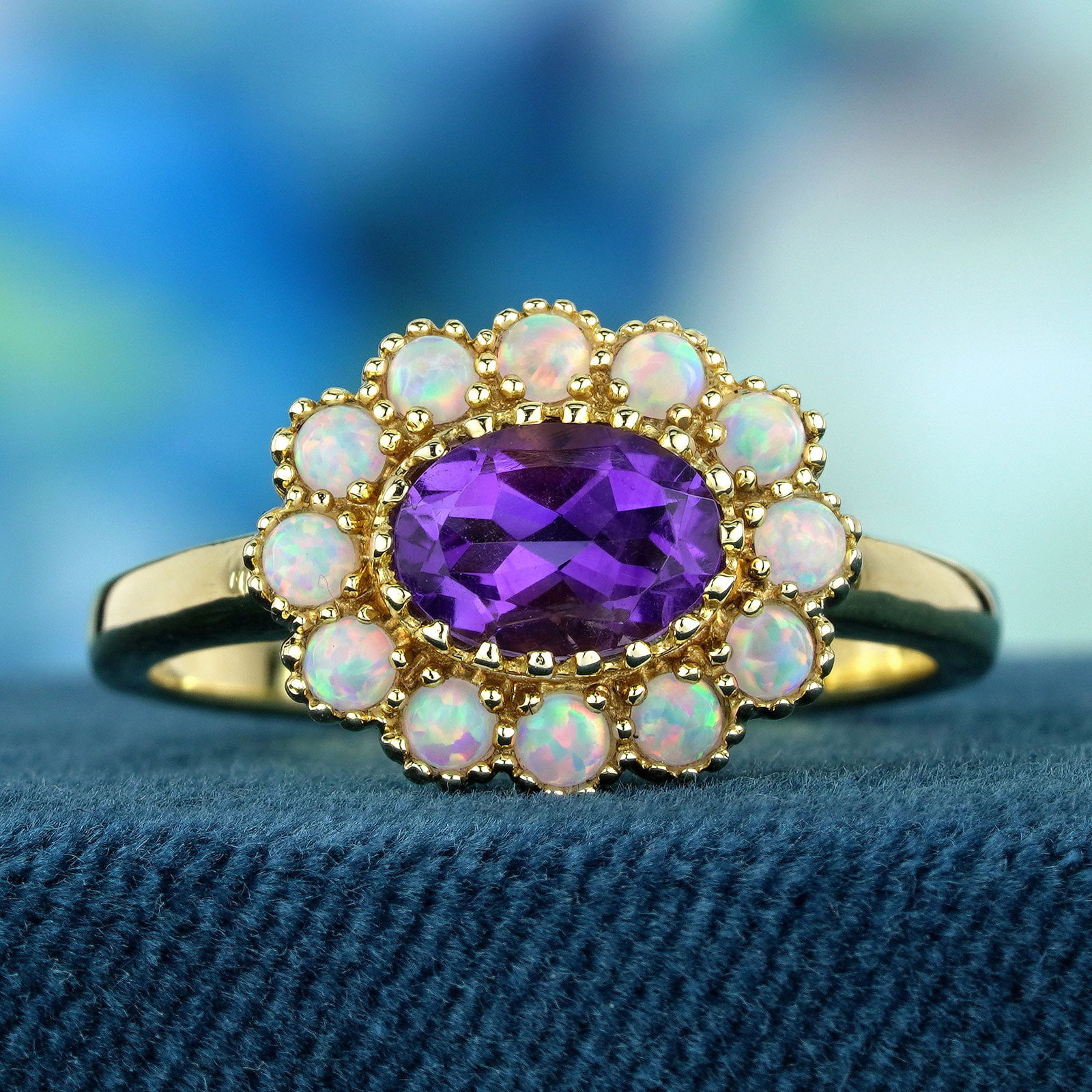 9K Yellow Gold Natural Amethyst and Opal Vintage Style Floral Ring (1 of 7)