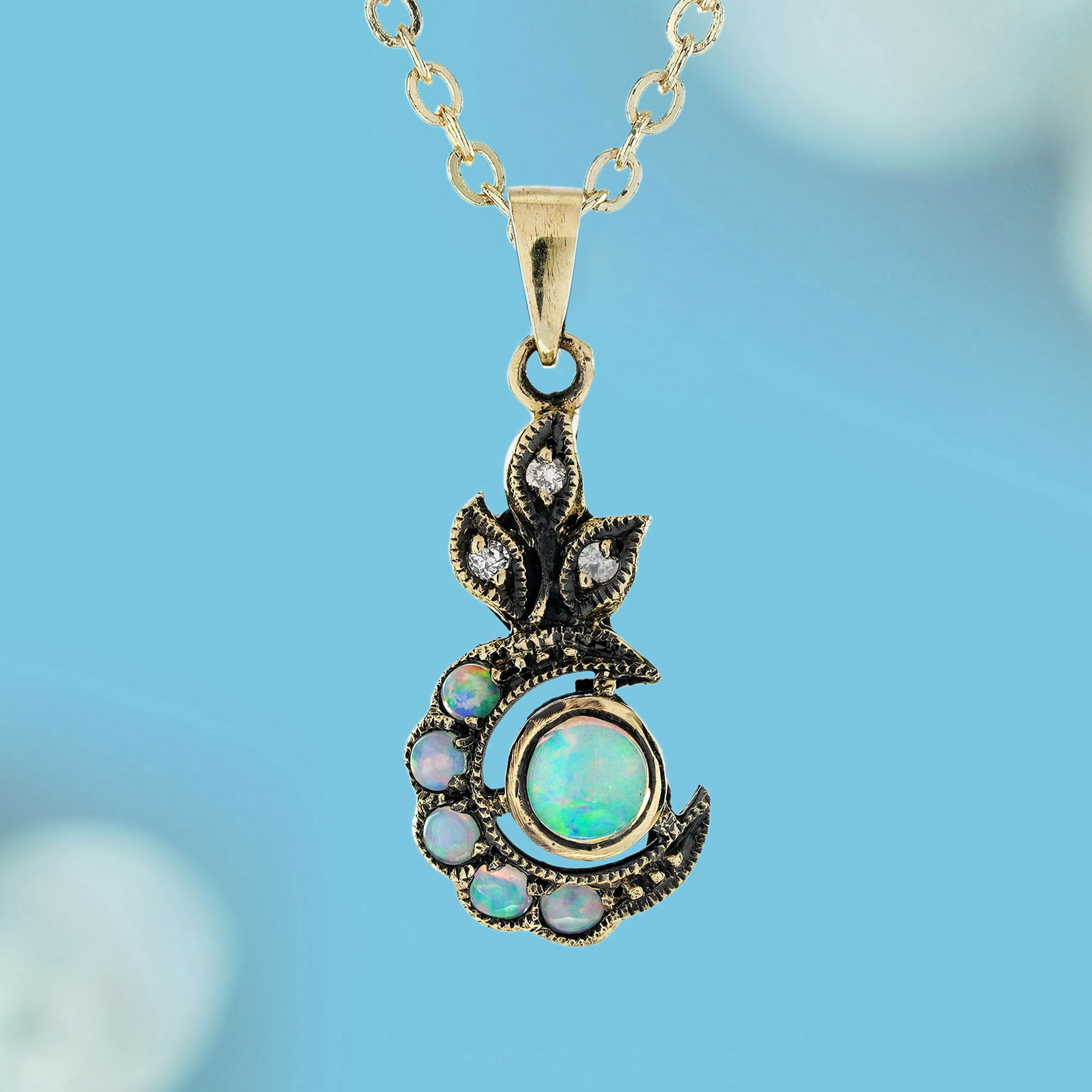 9K Gold Natural Opal and Diamond Vintage Victorian Style Crescent Pendant (1 of 5)