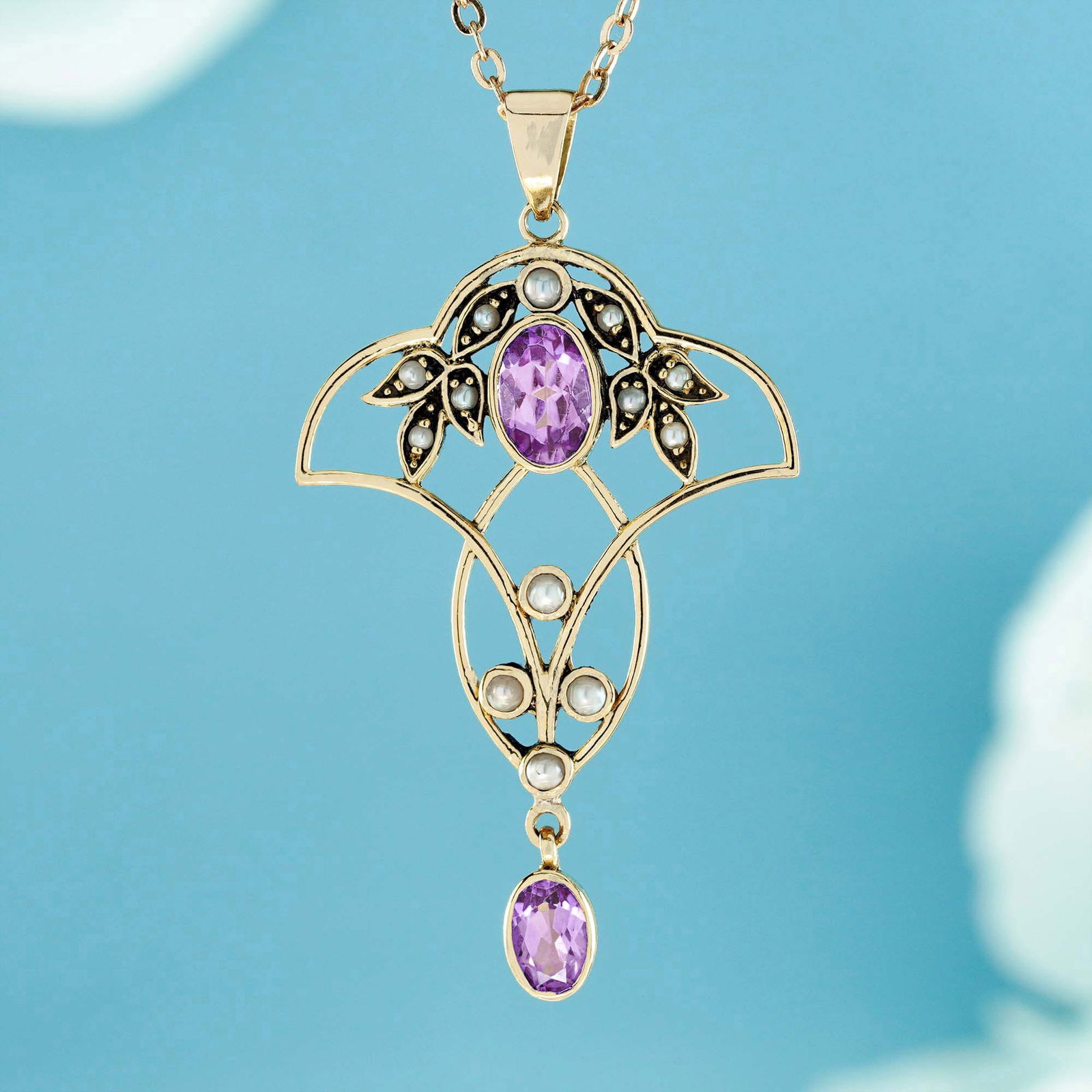 14K Gold Natural Amethyst and Pearl Vintage Victorian Style Filigree Pendant (1 of 5)