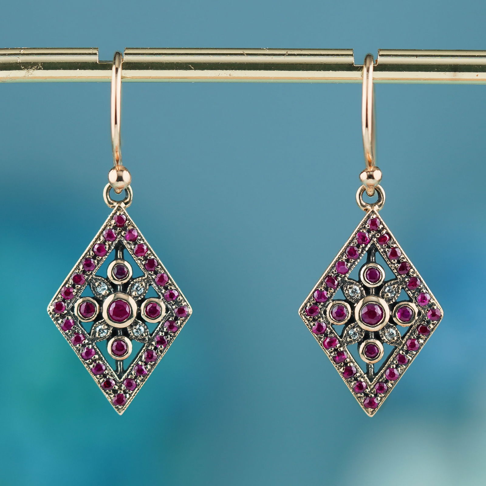 9K Gold Natural Ruby and Diamond Vintage Style Geometric Drop Earrings (1 of 5)