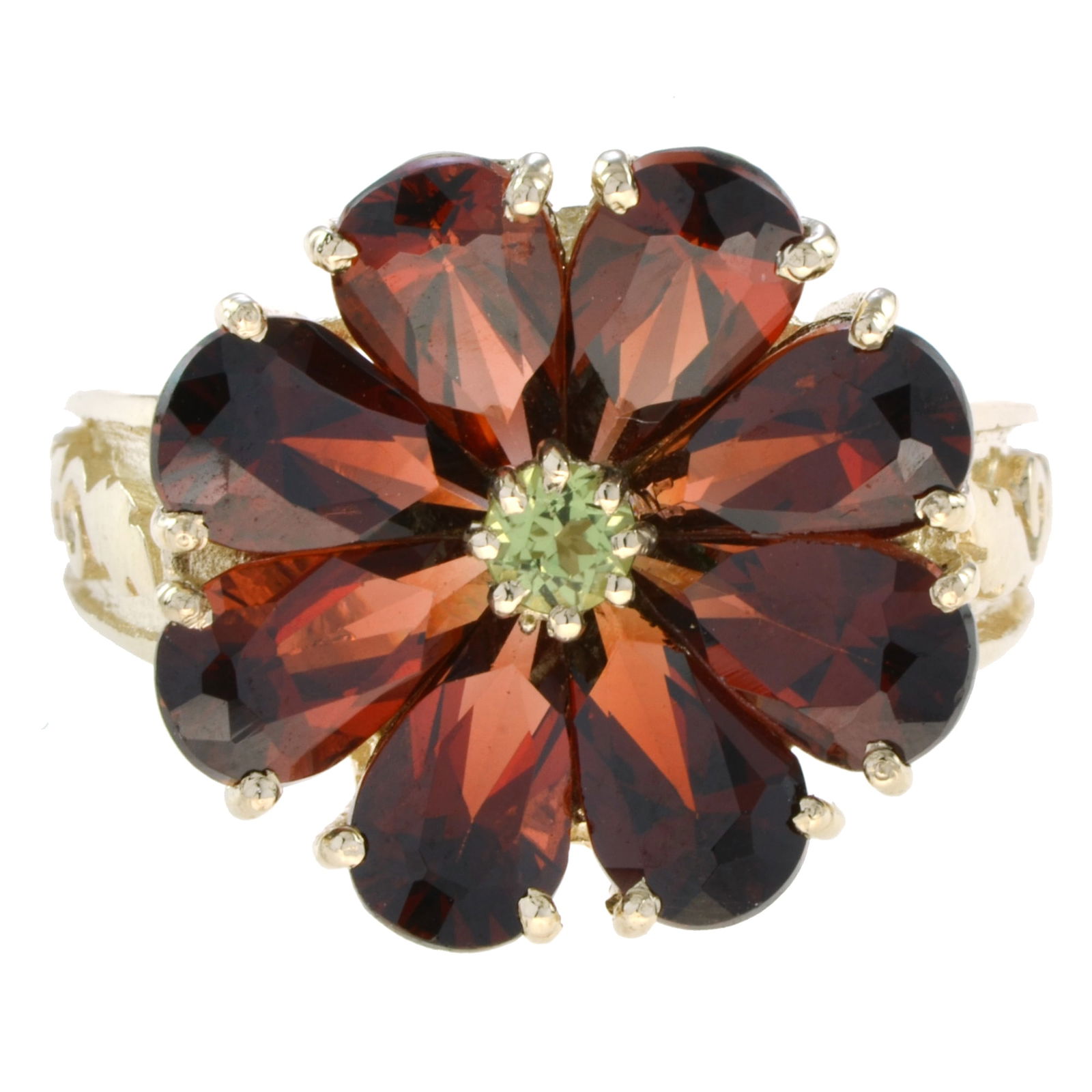 14K Yellow Gold Vintage Style Natural Peridot and Garnet Flower Cluster Ring (1 of 9)
