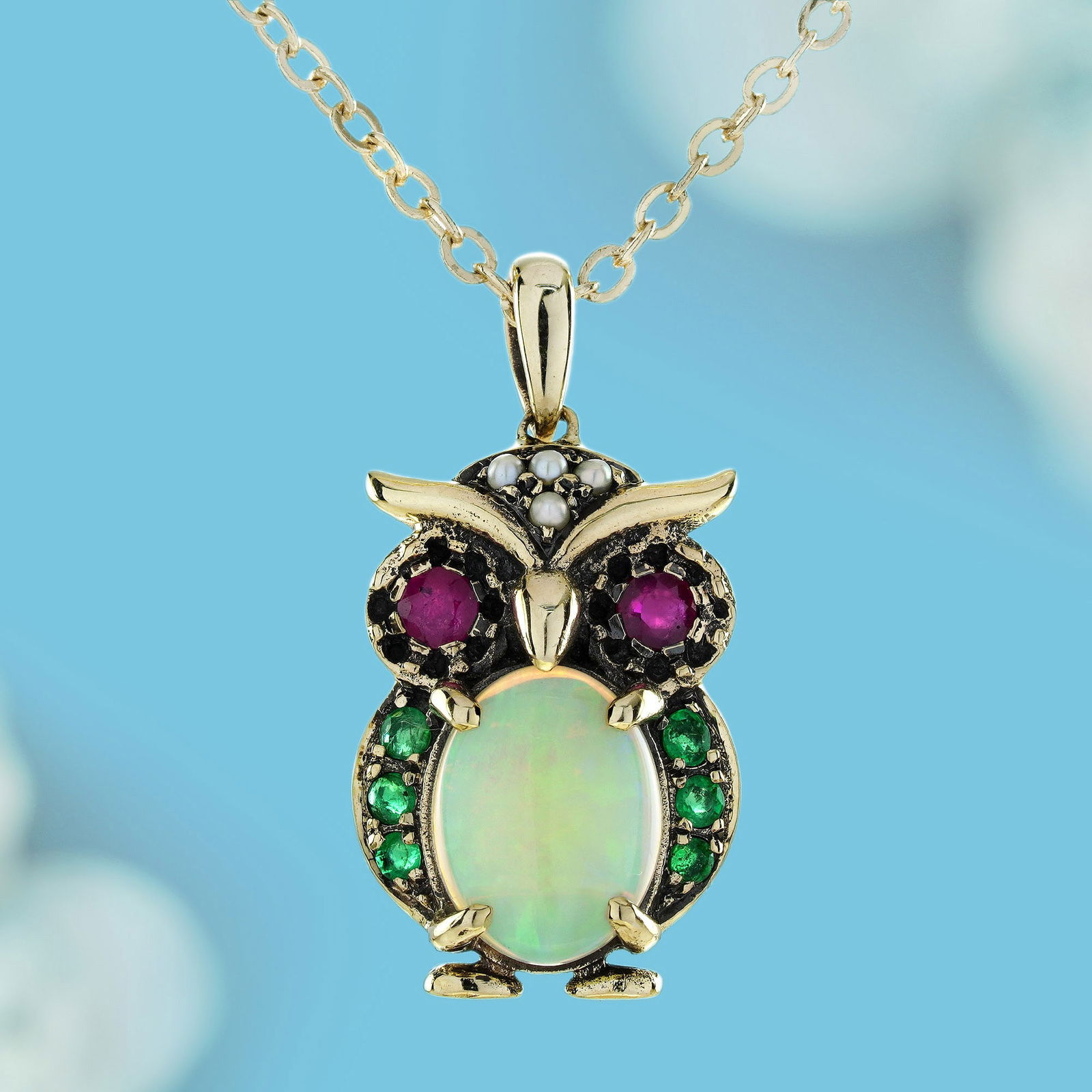 9K Yellow Gold Ruby Opal Emerald and Pearl Art Deco Style Owl Shape Pendant (1 of 5)