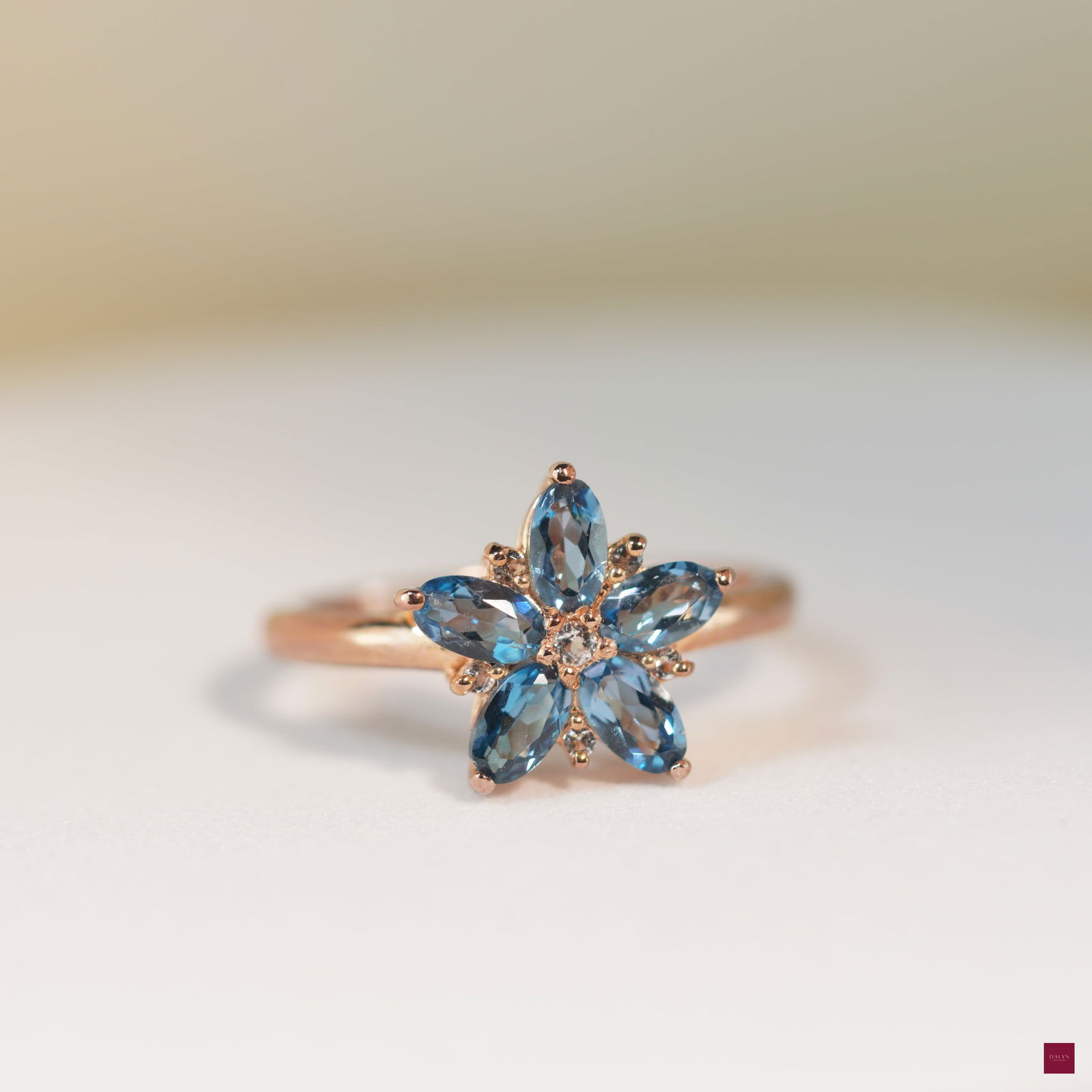 18K Rose Gold Plate Sterling Silver Natural London Blue and White Topaz Floral Ring (1 of 9)