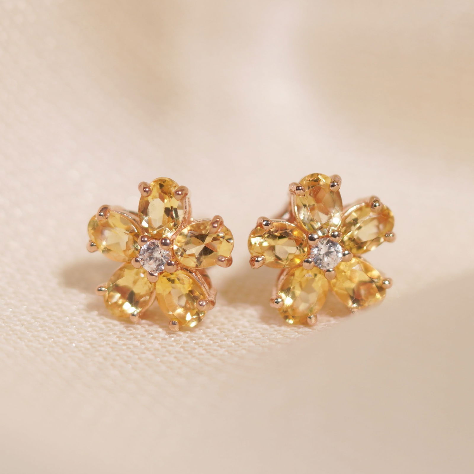 18K Rose Gold Plate Sterling Silver Natural Citrine White Zircon Floral Stud Earrings (1 of 4)
